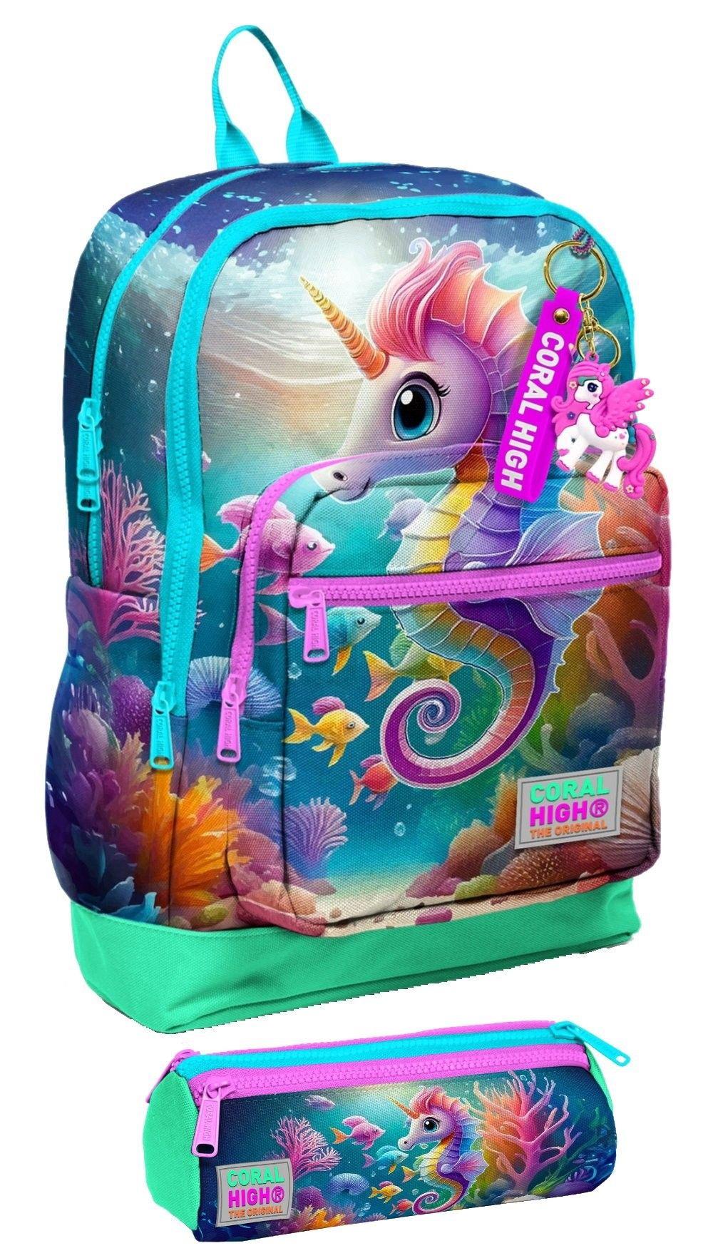 Coral High İlkokul Kız Çocuklarına Özel Dört Gözlü Sırt Çantası ve Kalemlik Seti- Su Yeşili Denizatı