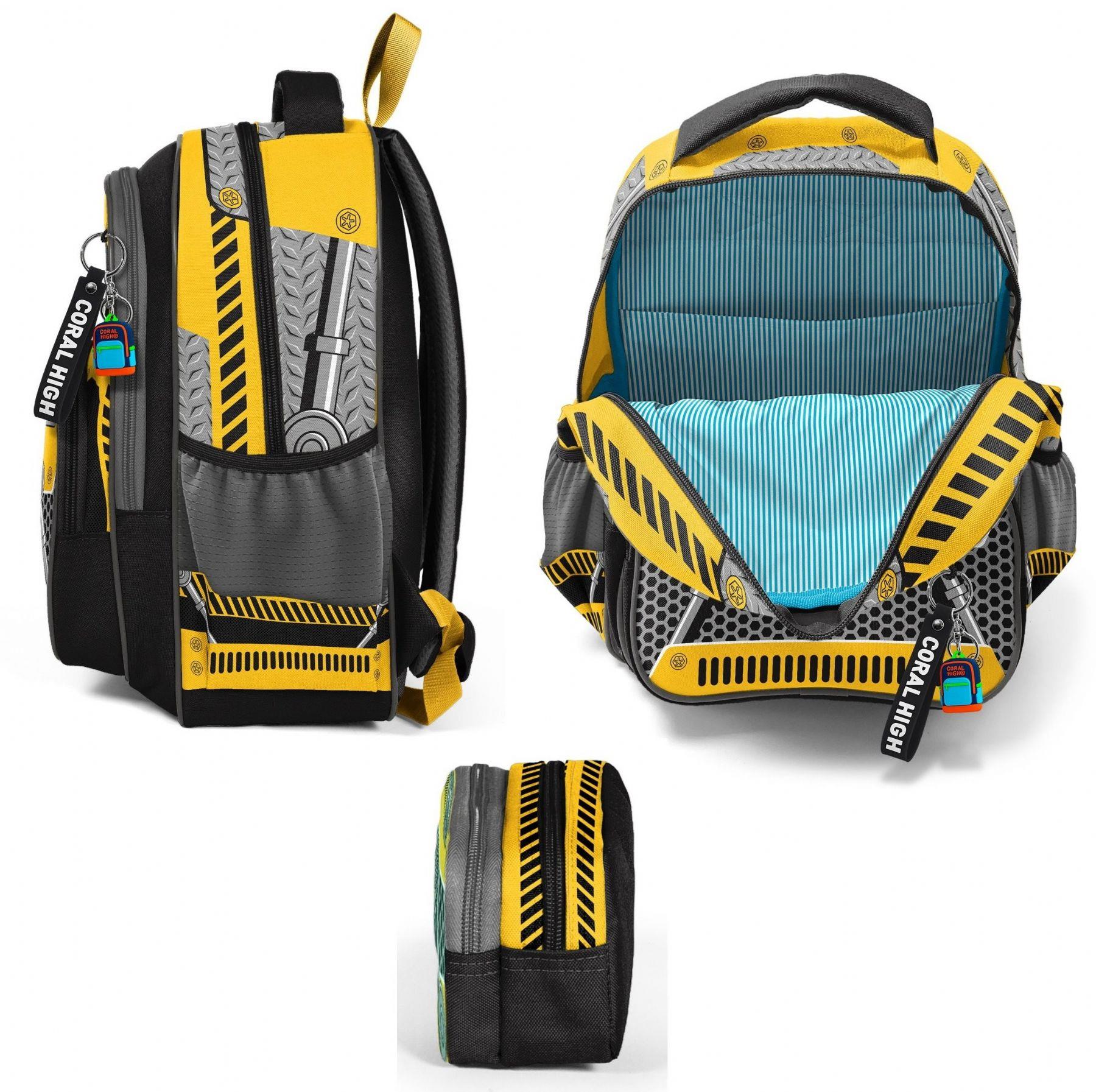Coral High İlkokul Sırt Çantası ve İki Bölmeli Kalemlik - Erkek Çocuk - Siyah Sarı Robot