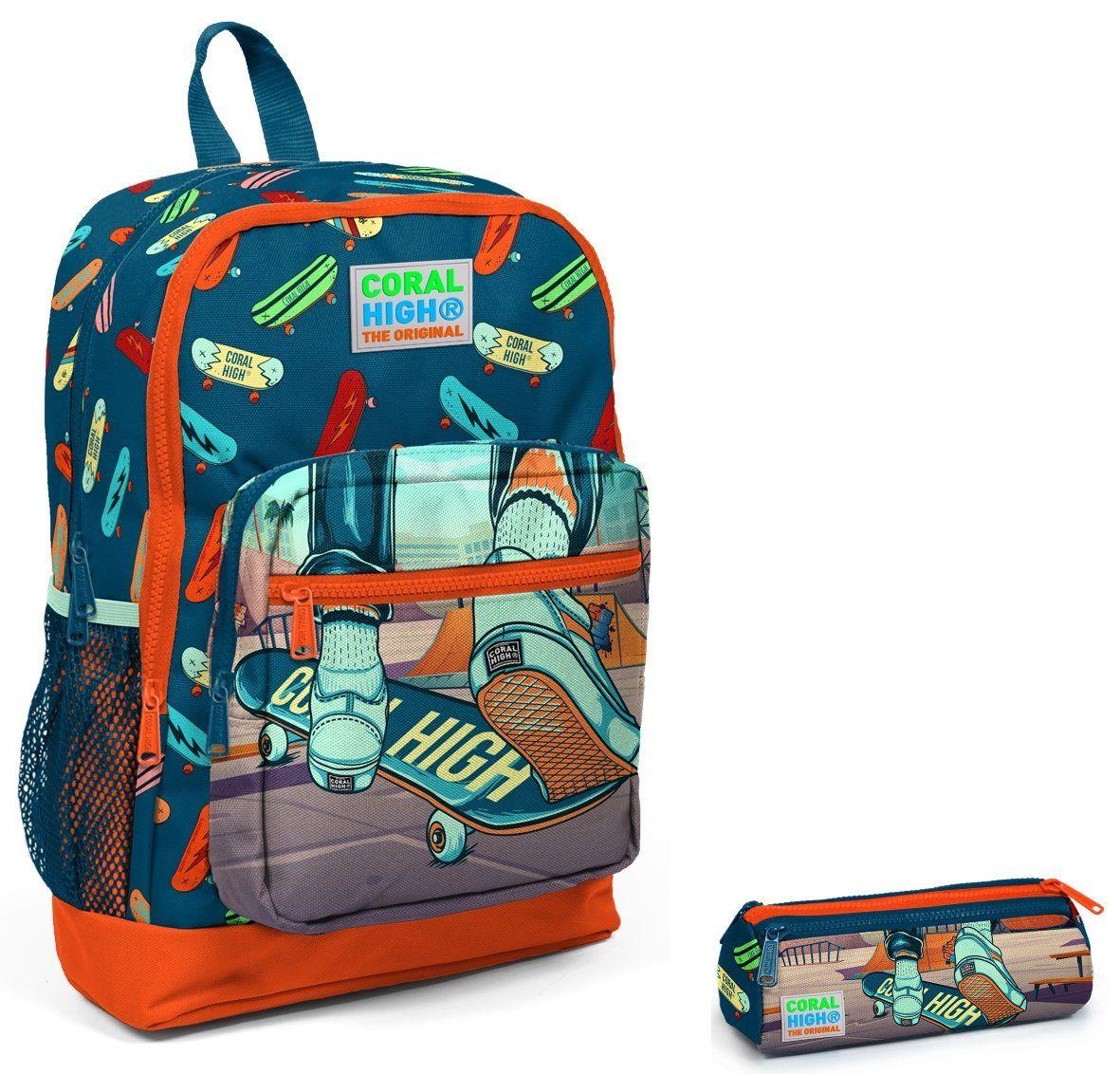 Coral High İlkokul Sırt Çantası ve Kalemlik Seti - Kaykay - Erkek Çocuk