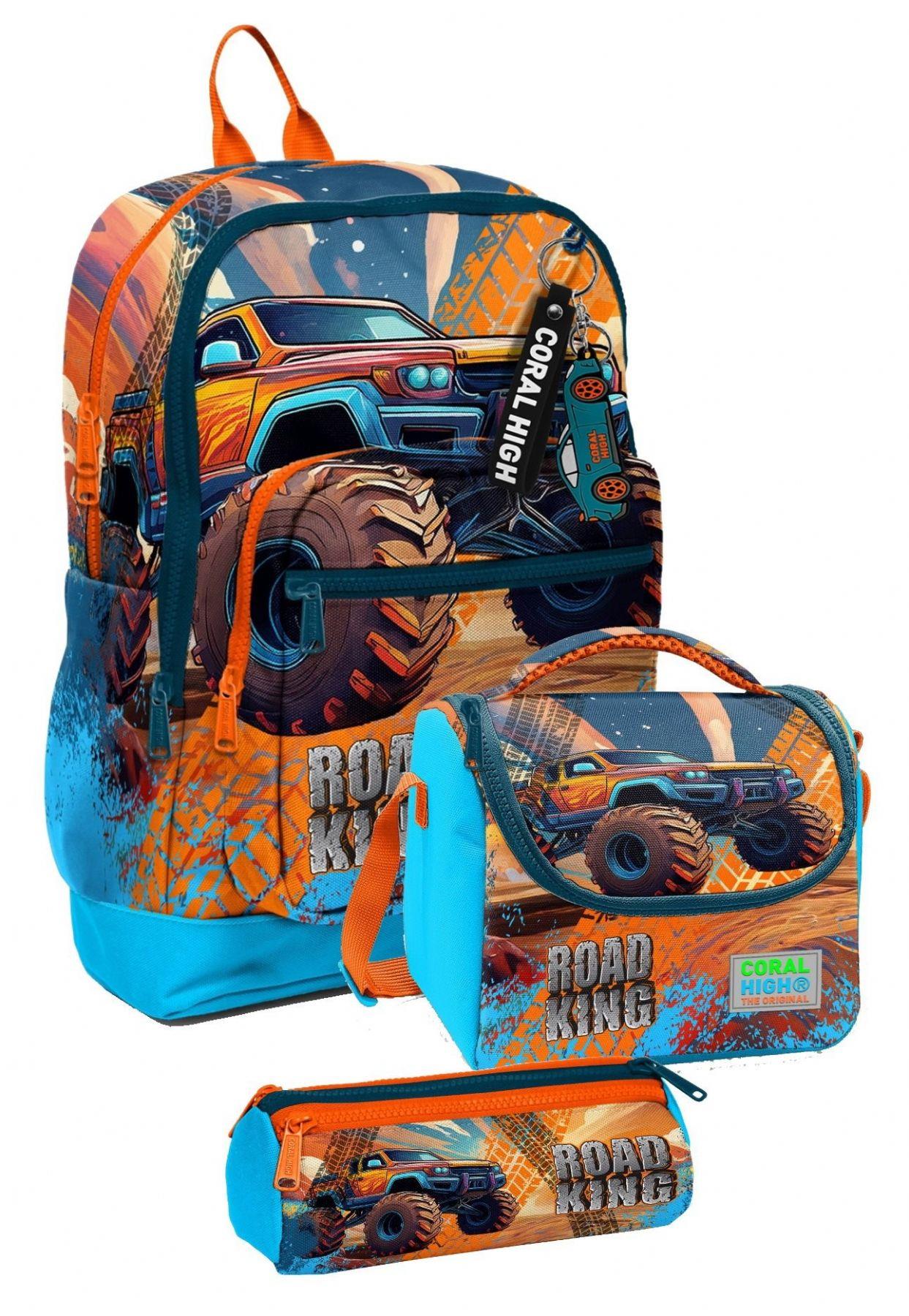 Coral High İlkokul Üçlü Okul Başlangıç Çanta Seti - Mavi Turuncu Arazi Aracı, Erkek Çocuk