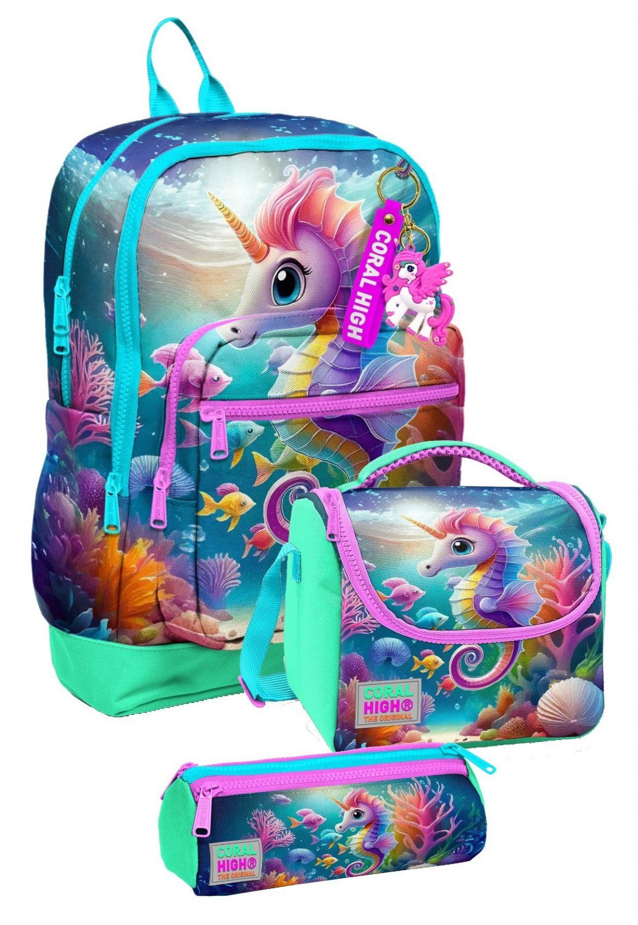Coral High İlkokul Üçlü Okul Başlangıç Çanta Seti - Su Yeşili Denizatı, Kız Çocuk
