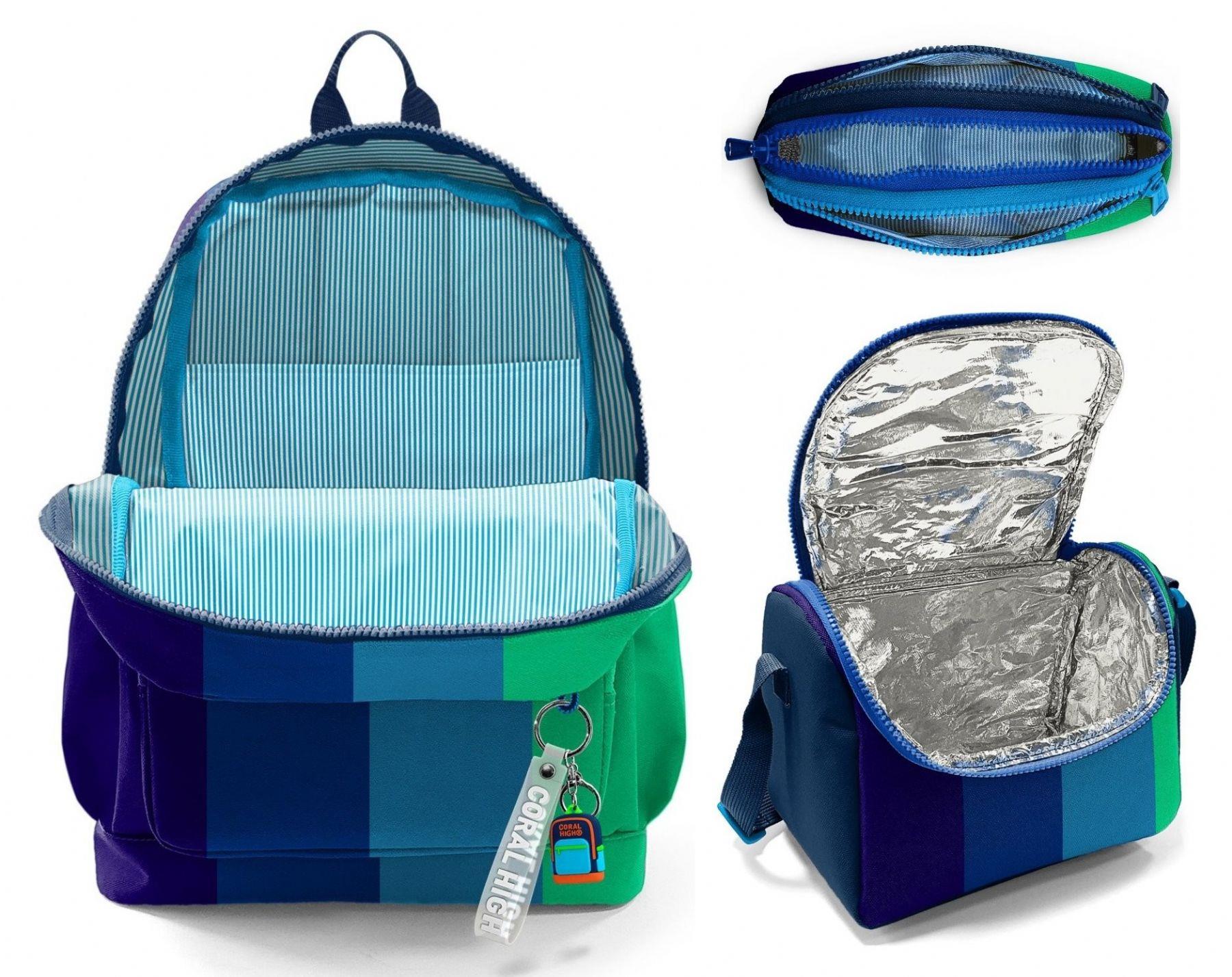 Coral High İlkokul Üçlü Okul Başlangıç Çanta Seti - Lacivert Yeşil Renkli Çizgili, Erkek Çocuk