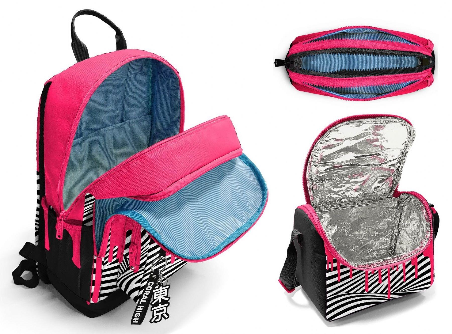 Coral High İlkokul ve Ortaokul Okul Çanta Üçlüsü - Kız Çocuk, Pembe Siyah Beyaz Boya Desenli