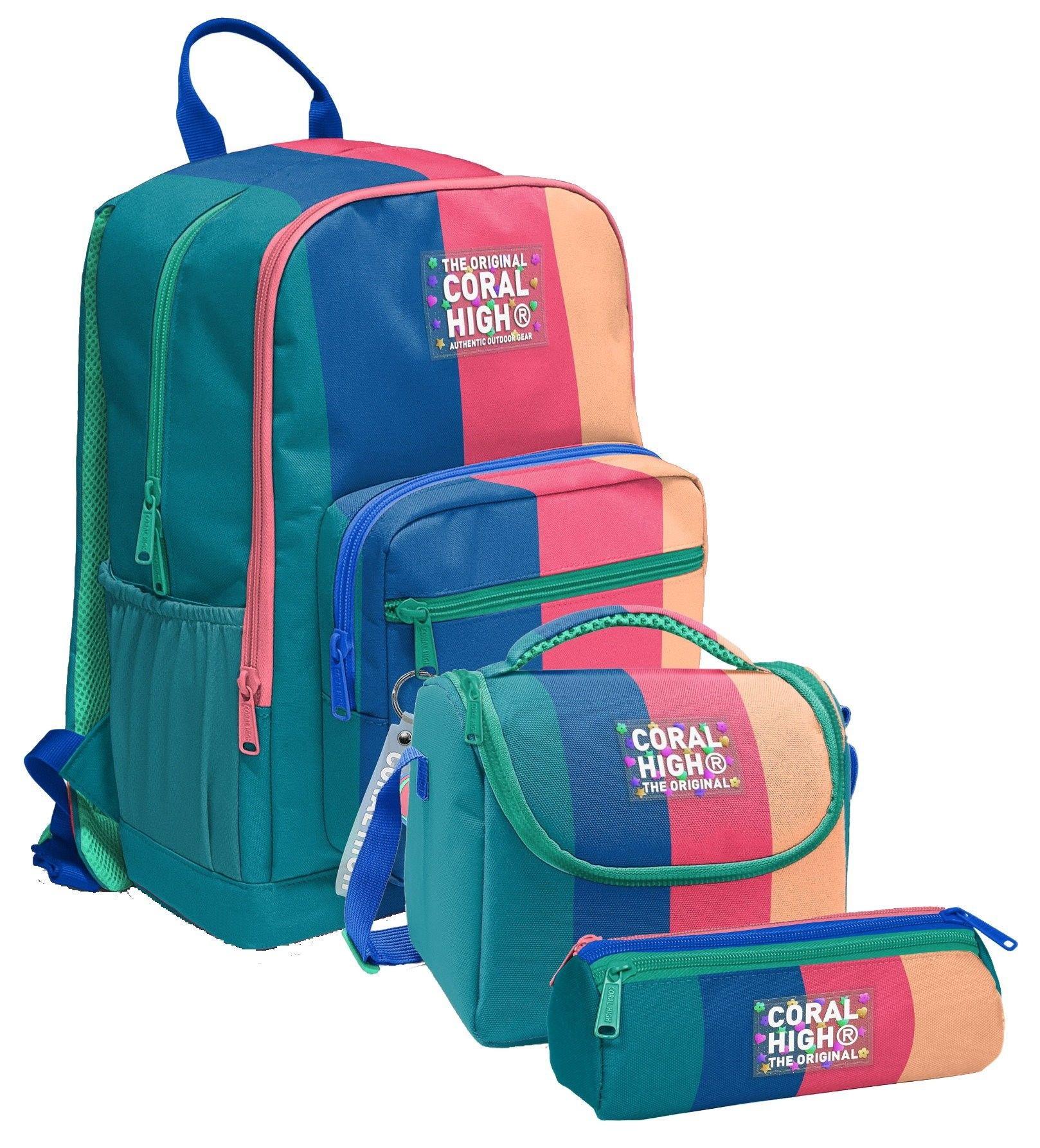 Coral High İlkokul ve Ortaokul Okul Çanta Üçlüsü - Kız Çocuk, Yeşil Mavi Pembe Renkli Çizgili