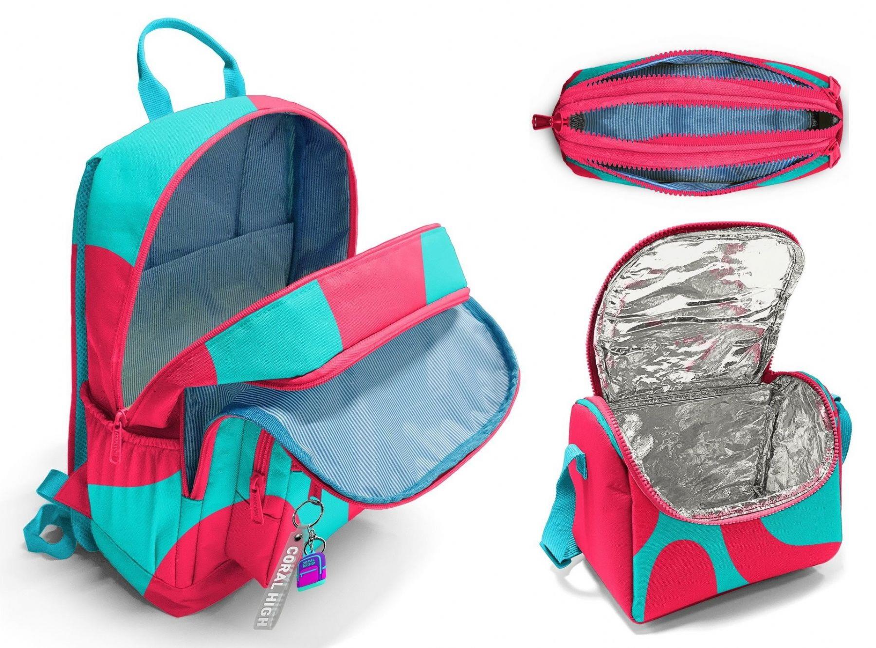 Coral High İlkokul ve Ortaokul Okul Çanta Üçlüsü - Kız Çocuk, Kırmızı Turkuaz Renkli Çizgili