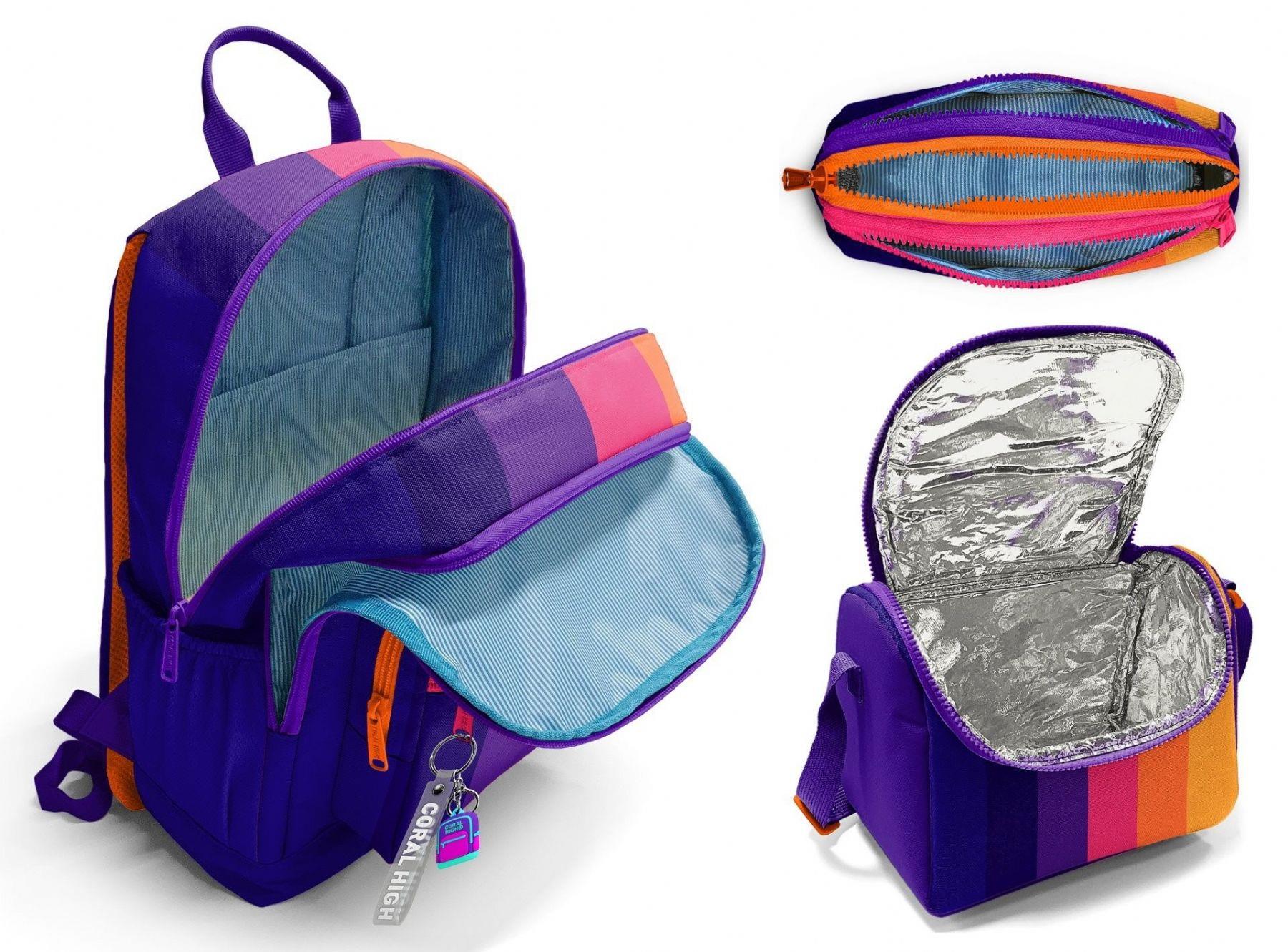 Coral High İlkokul ve Ortaokul Okul Çanta Üçlüsü - Kız Çocuk, Mor Turuncu Renkli Çizgili