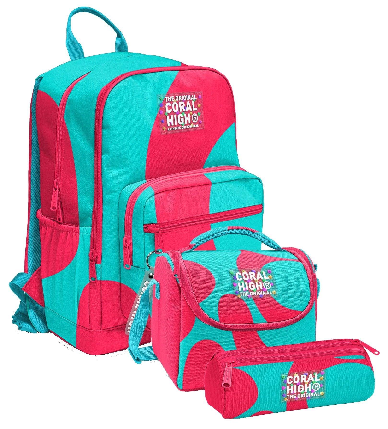 Coral High İlkokul ve Ortaokul Okul Çanta Üçlüsü - Kız Çocuk, Kırmızı Turkuaz Renkli Çizgili
