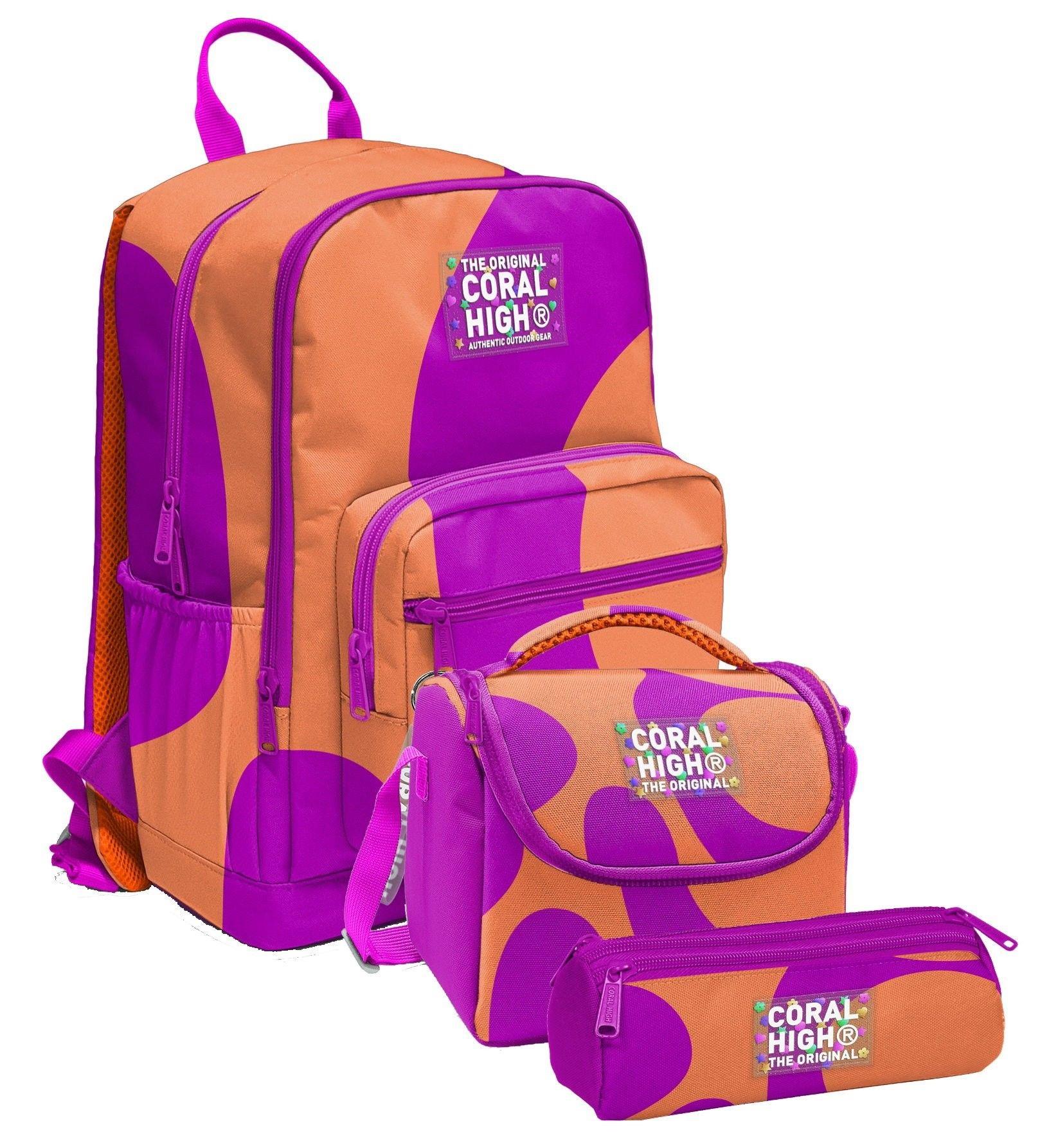 Coral High İlkokul ve Ortaokul Okul Çanta Üçlüsü - Kız Çocuk, Turuncu Mor Renkli Çizgili