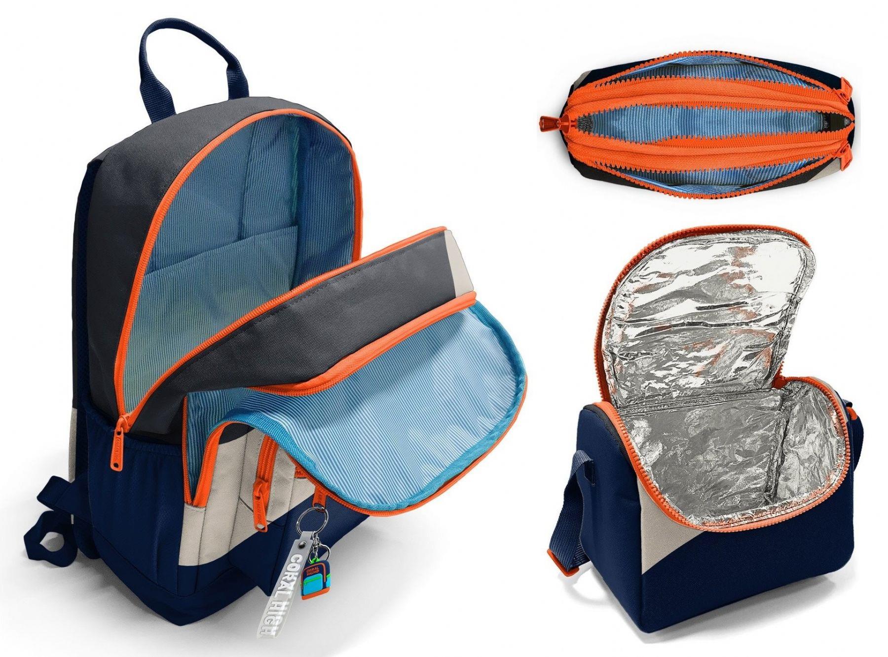 Coral High İlkokul ve Ortaokul Okul Çanta Üçlüsü - Erkek Çocuk, Lacivert Bej Renkli Çizgili