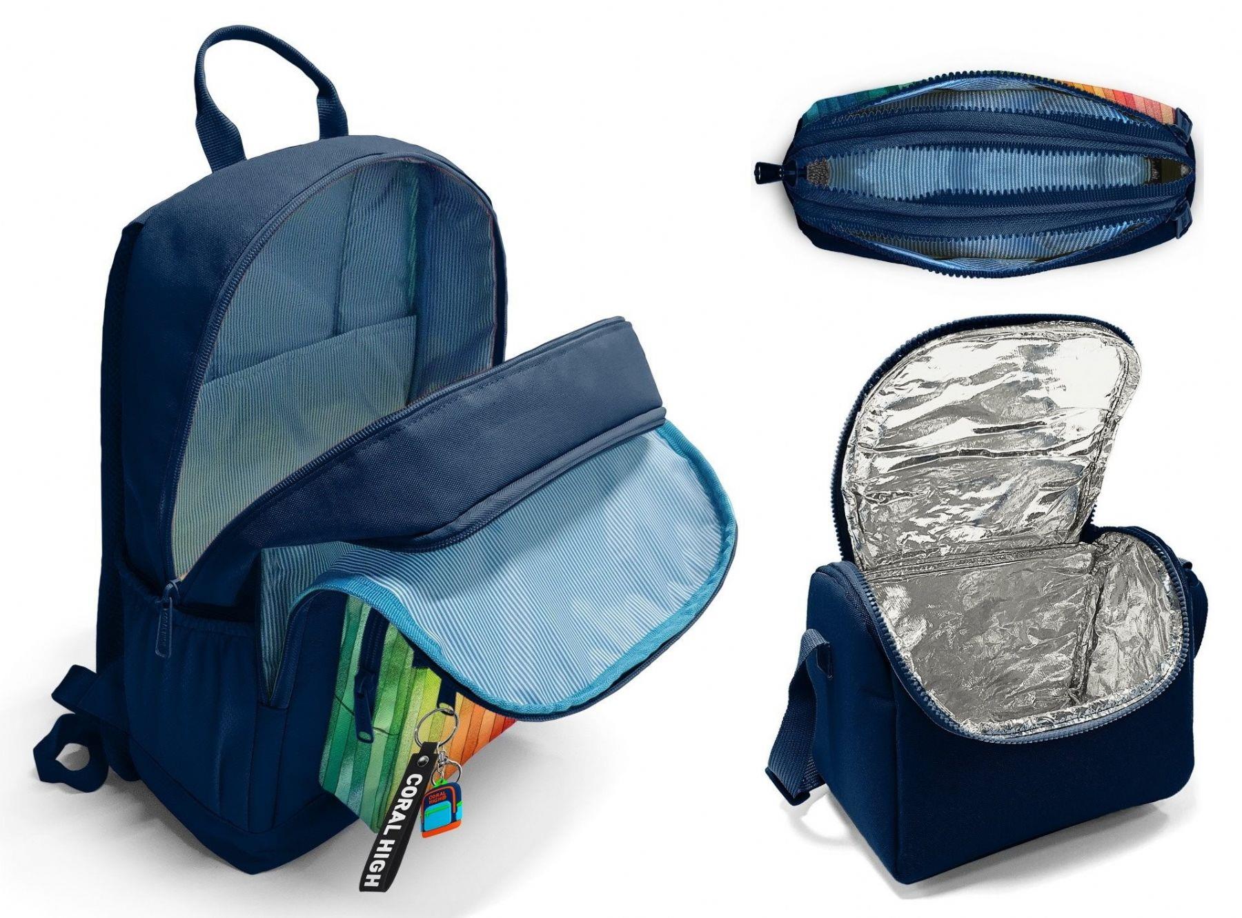 Coral High İlkokul ve Ortaokul Okul Çanta Üçlüsü - Erkek Çocuk, Lacivert Çok Renkli Çizgi Desenli