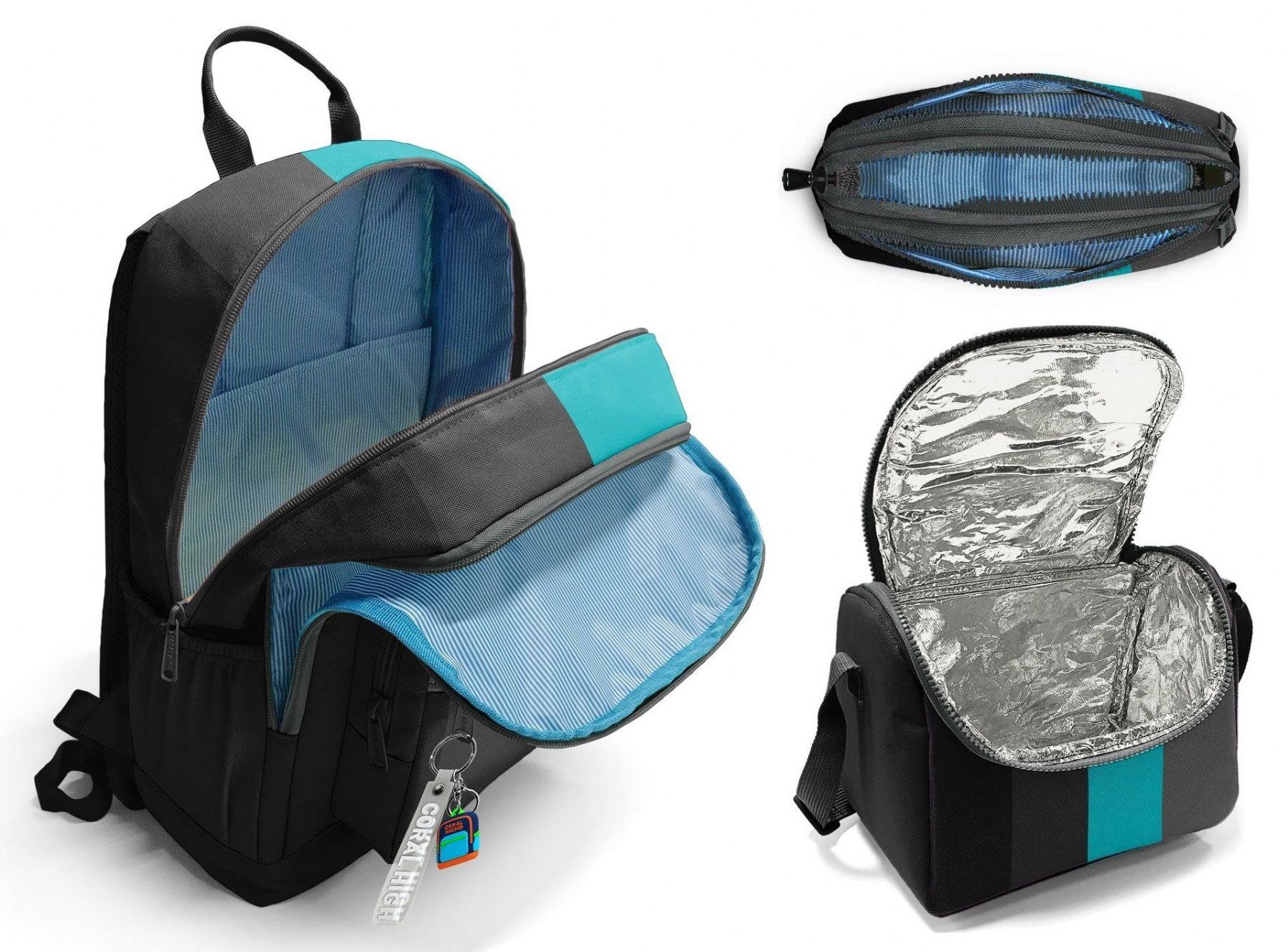 Coral High İlkokul ve Ortaokul Okul Çanta Üçlüsü - Erkek Çocuk, Siyah Turkuaz Çizgili