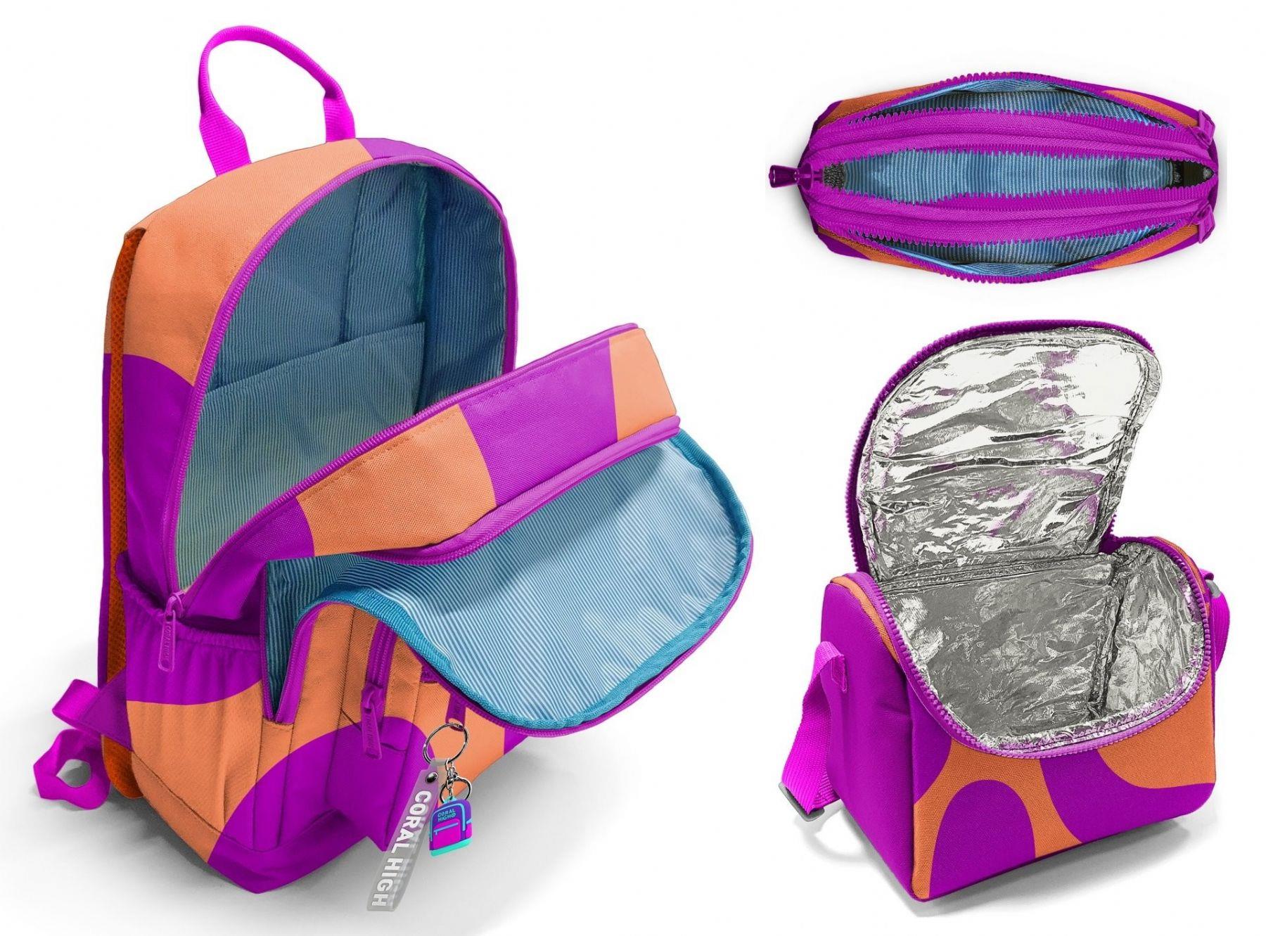 Coral High İlkokul ve Ortaokul Okul Çanta Üçlüsü - Kız Çocuk, Turuncu Mor Renkli Çizgili