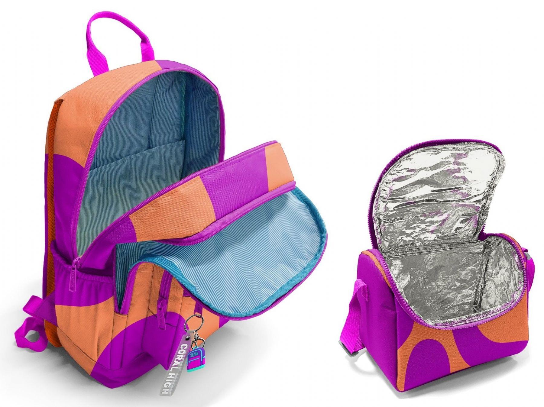 Coral High İlkokul ve Ortaokul Sırt Çantası ve Beslenme Seti - Kız Çocuklar İçin Turuncu Mor Renkli Çizgili