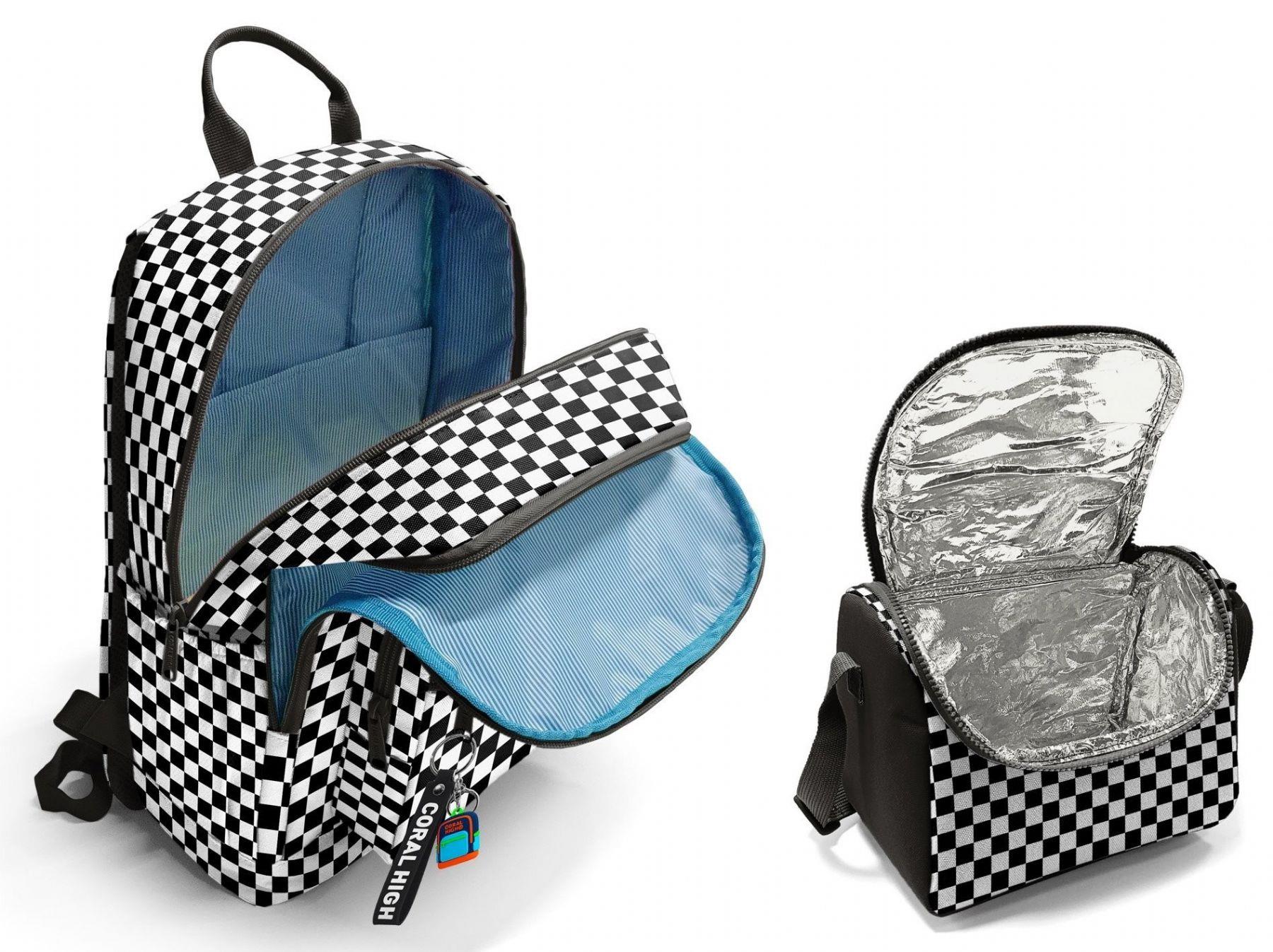 Coral High İlkokul ve Ortaokul Sırt Çantası ve Beslenme Seti - Kız Çocuklar İçin Siyah Beyaz Damalı