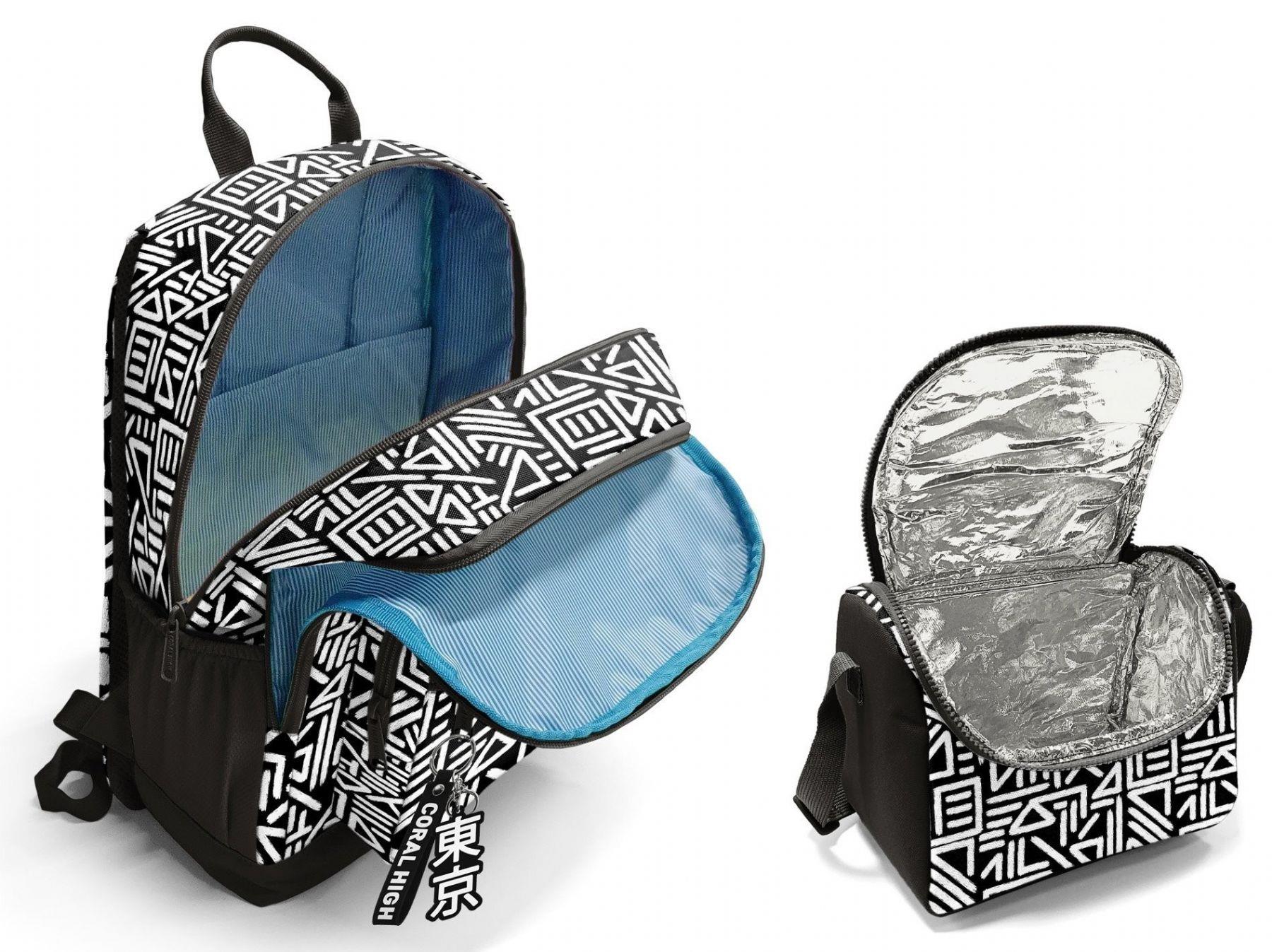 Coral High İlkokul ve Ortaokul Sırt Çantası ve Beslenme Seti - Erkek Çocuklar İçin Siyah Beyaz Geometrik Şekiller