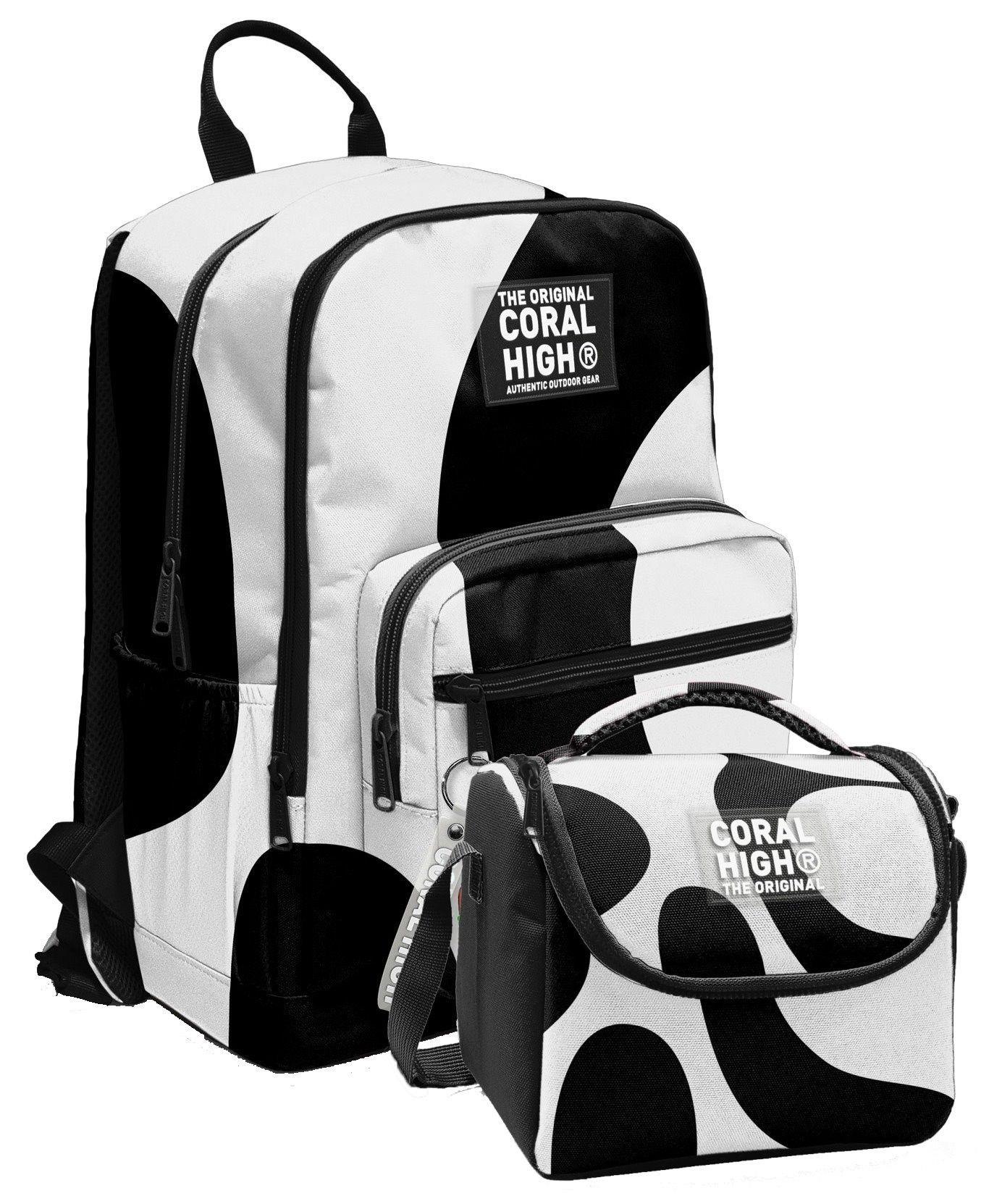 Coral High İlkokul ve Ortaokul Sırt Çantası ve Beslenme Seti - Erkek Çocuklar İçin Renkli Çizgili Siyah Beyaz