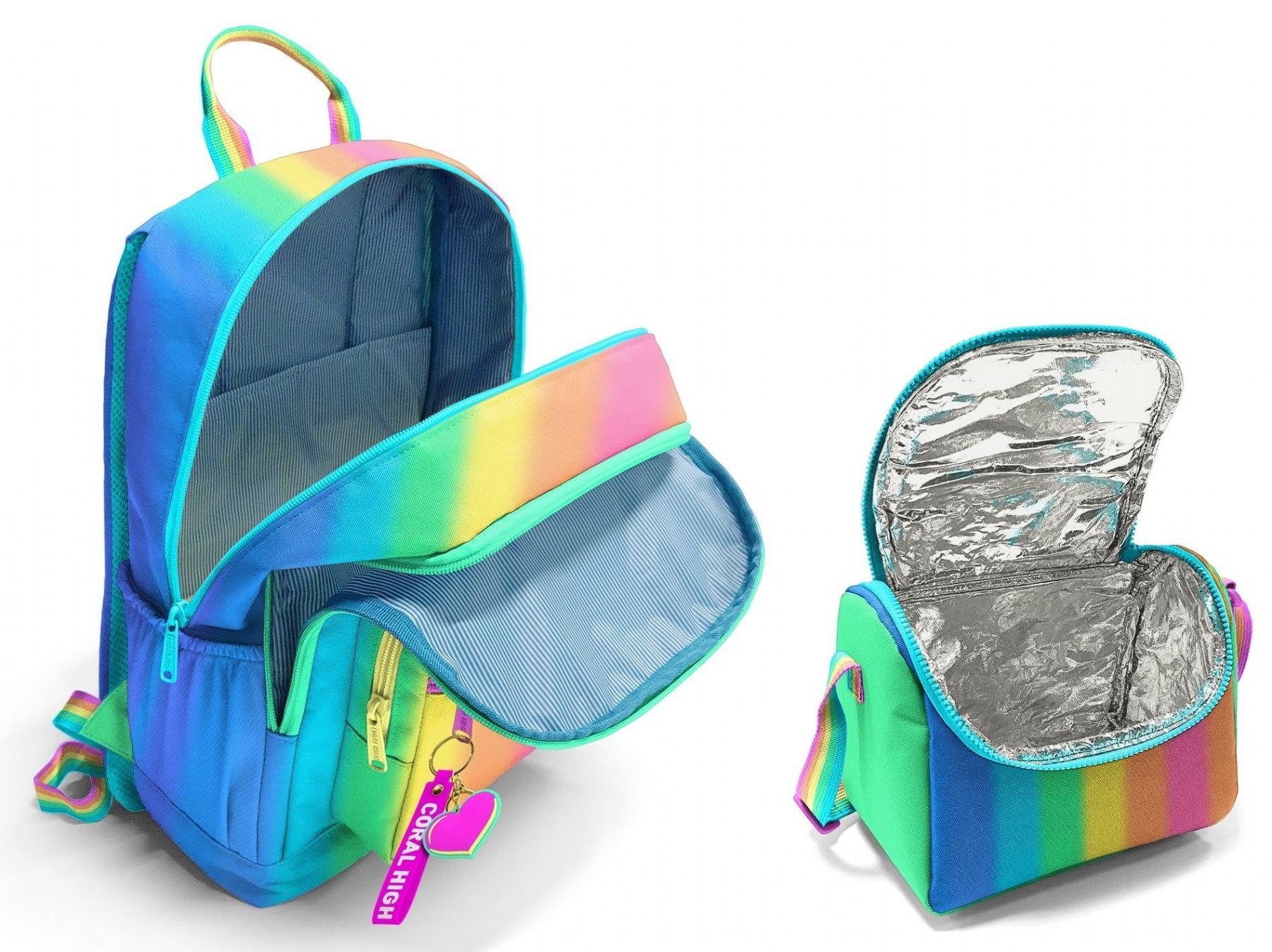 Coral High İlkokul ve Ortaokul Sırt Çantası ve Beslenme Seti - Kız Çocuklar İçin Renkli Çizgili Mavi Turuncu
