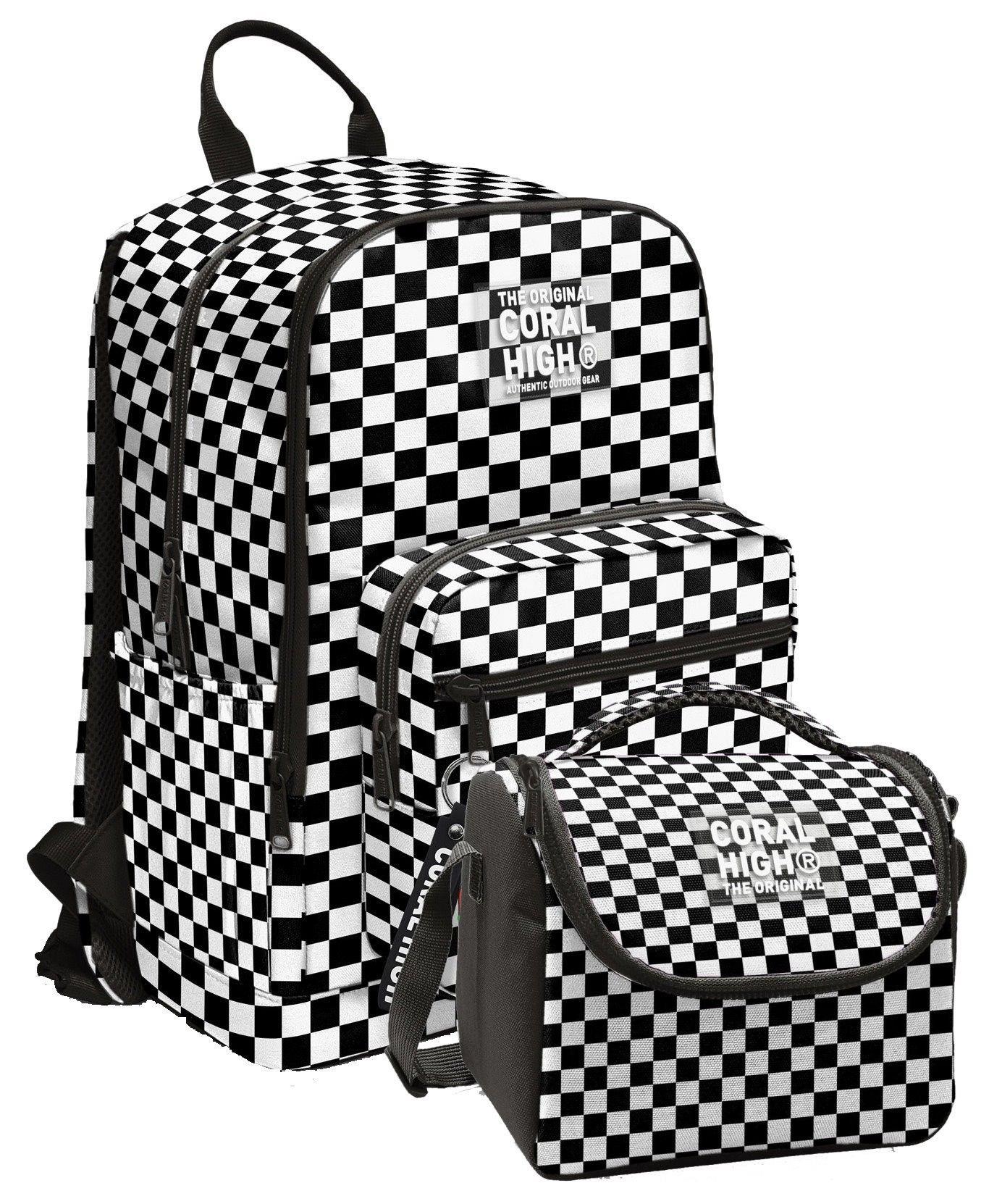 Coral High İlkokul ve Ortaokul Sırt Çantası ve Beslenme Seti - Kız Çocuklar İçin Siyah Beyaz Damalı