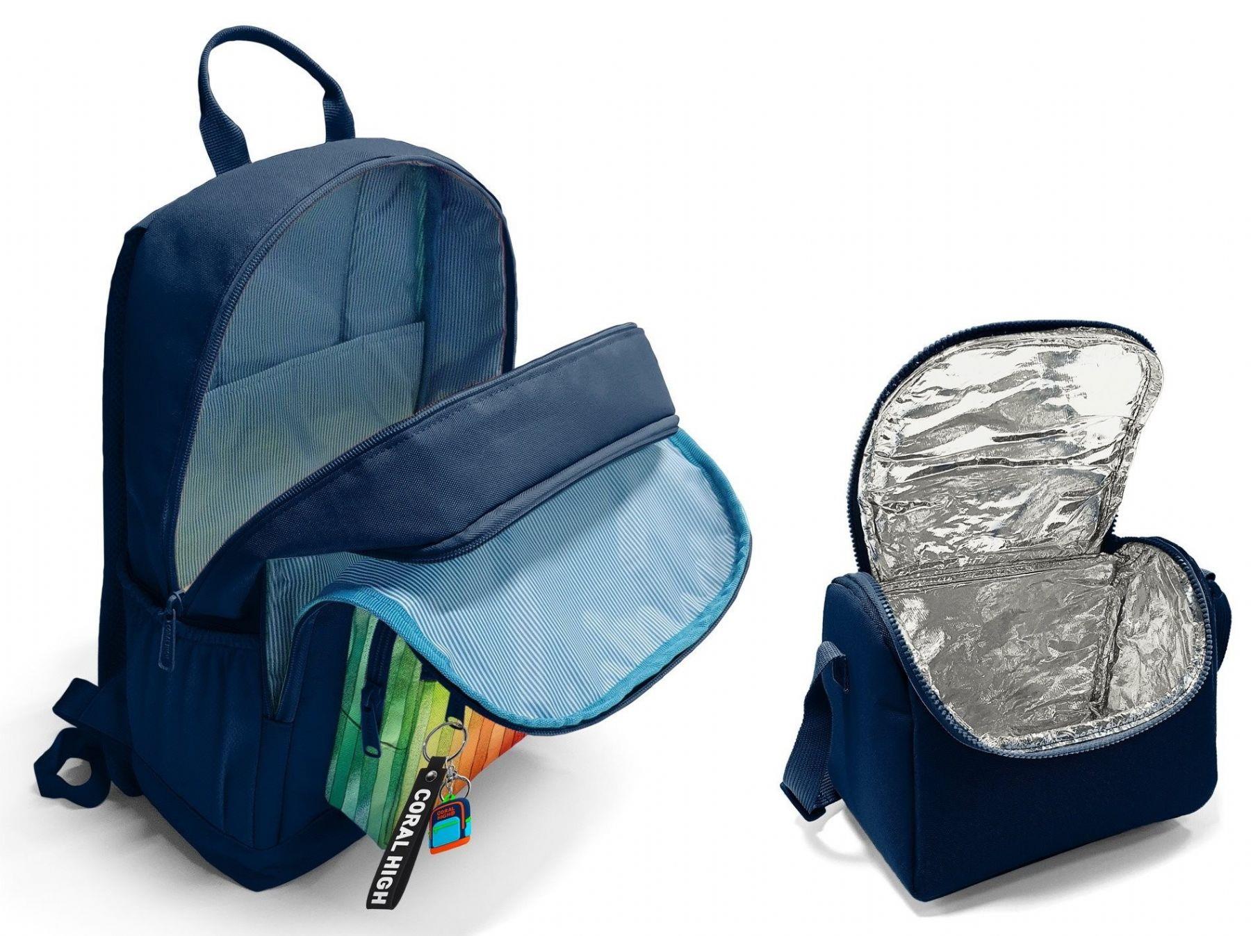 Coral High İlkokul ve Ortaokul Sırt Çantası ve Beslenme Seti - Erkek Çocuklar İçin Lacivert Çok Renkli Çizgi Desenli