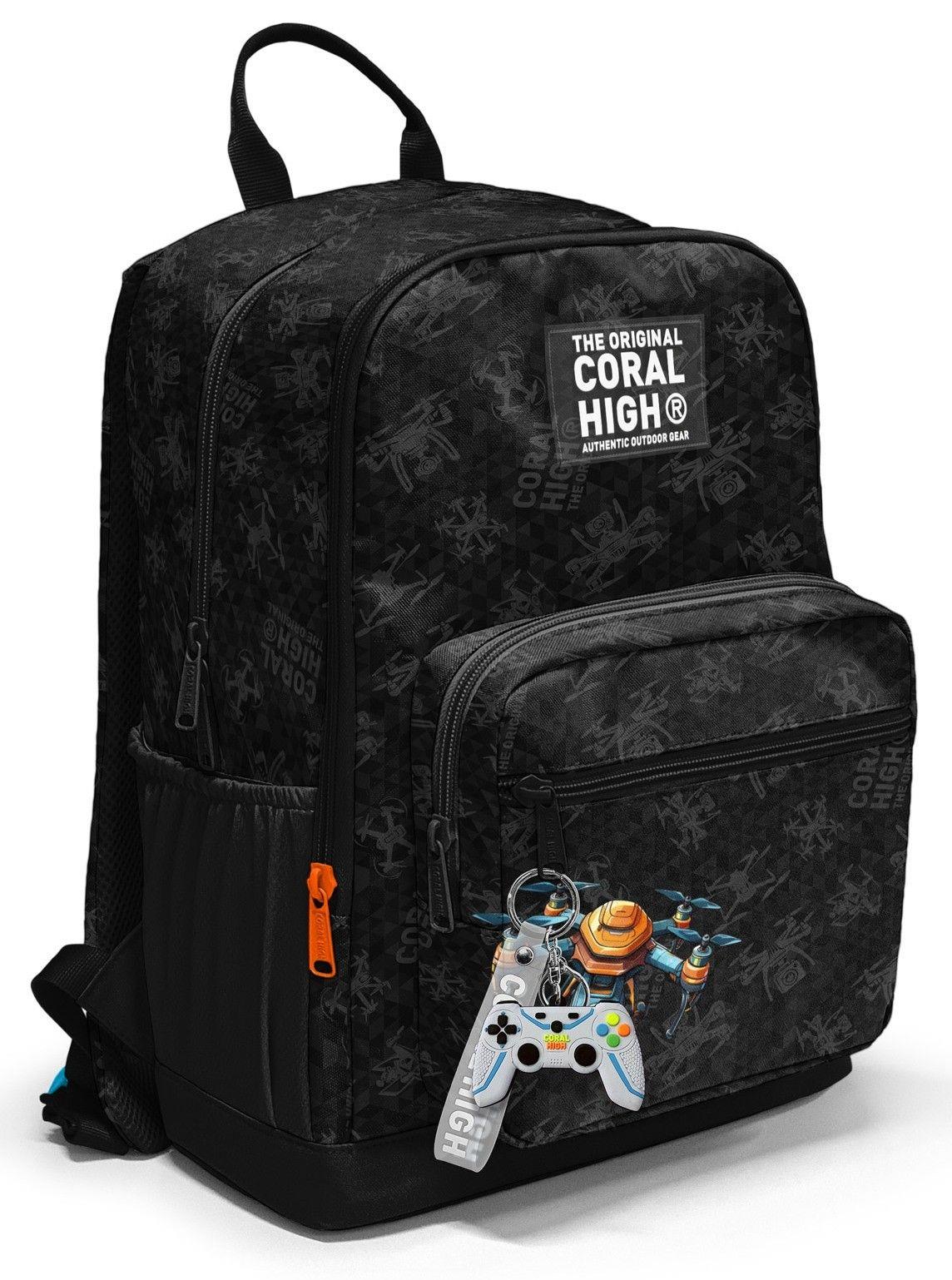 Coral High İlkokul ve Ortaokul Sırt Çantası 23691 - Erkek Çocuk, Drone Pilotu Siyah Baskılı, Dört Bölmeli