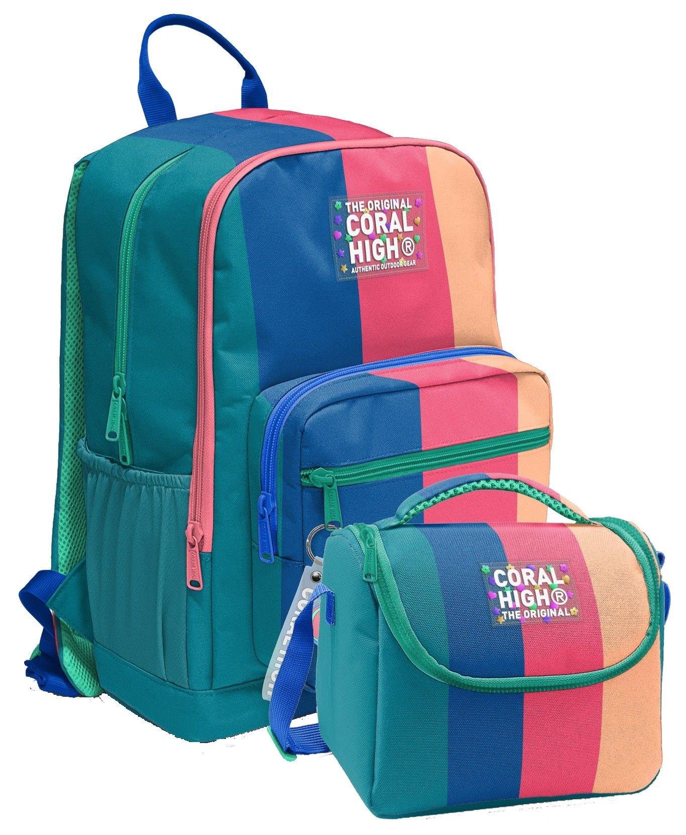 Coral High İlkokul ve Ortaokul Sırt Çantası ve Beslenme Seti - Kız Çocuklar İçin Yeşil Mavi Pembe Renkli Çizgili