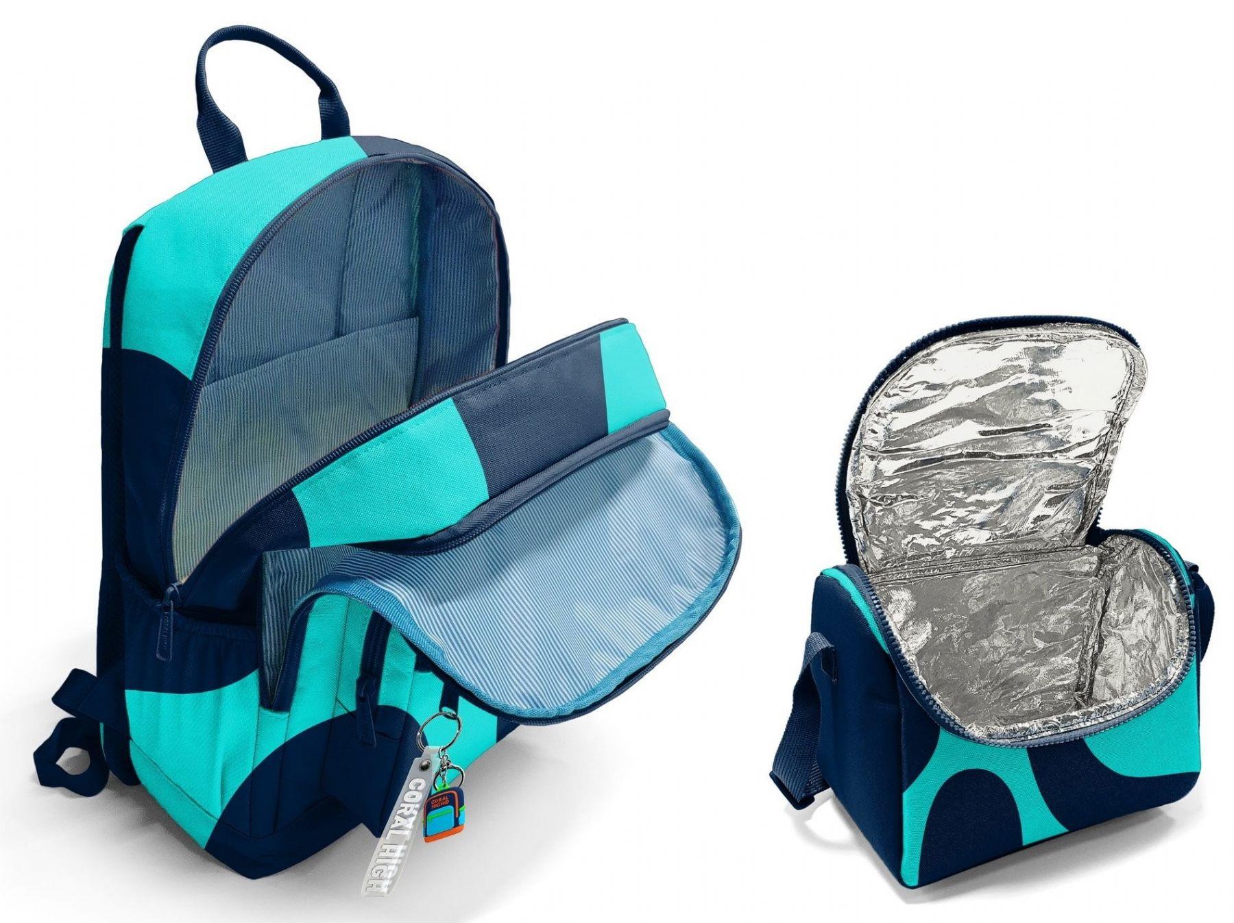 Coral High İlkokul ve Ortaokul Sırt Çantası ve Beslenme Seti - Erkek Çocuklar İçin Lacivert Turkuaz Renkli Çizgili