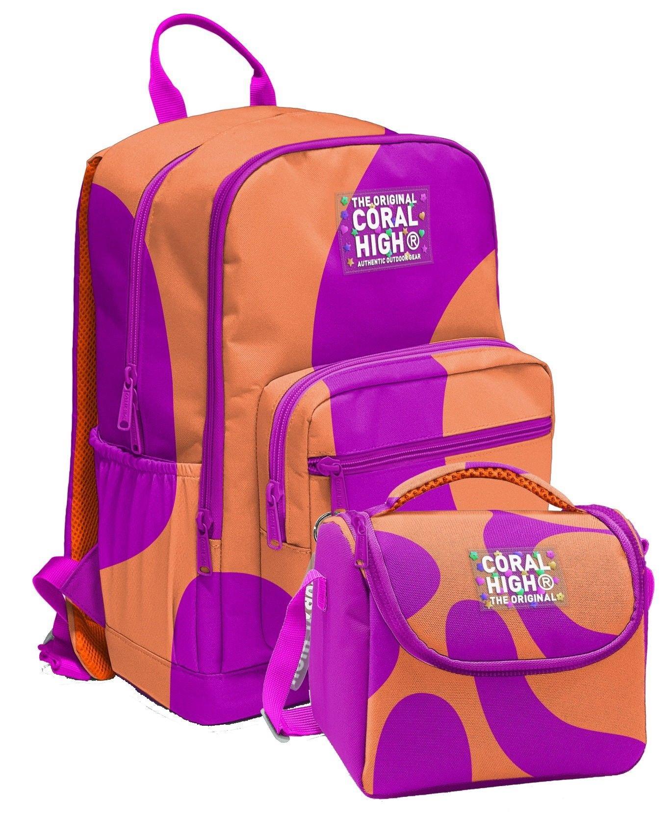 Coral High İlkokul ve Ortaokul Sırt Çantası ve Beslenme Seti - Kız Çocuklar İçin Turuncu Mor Renkli Çizgili
