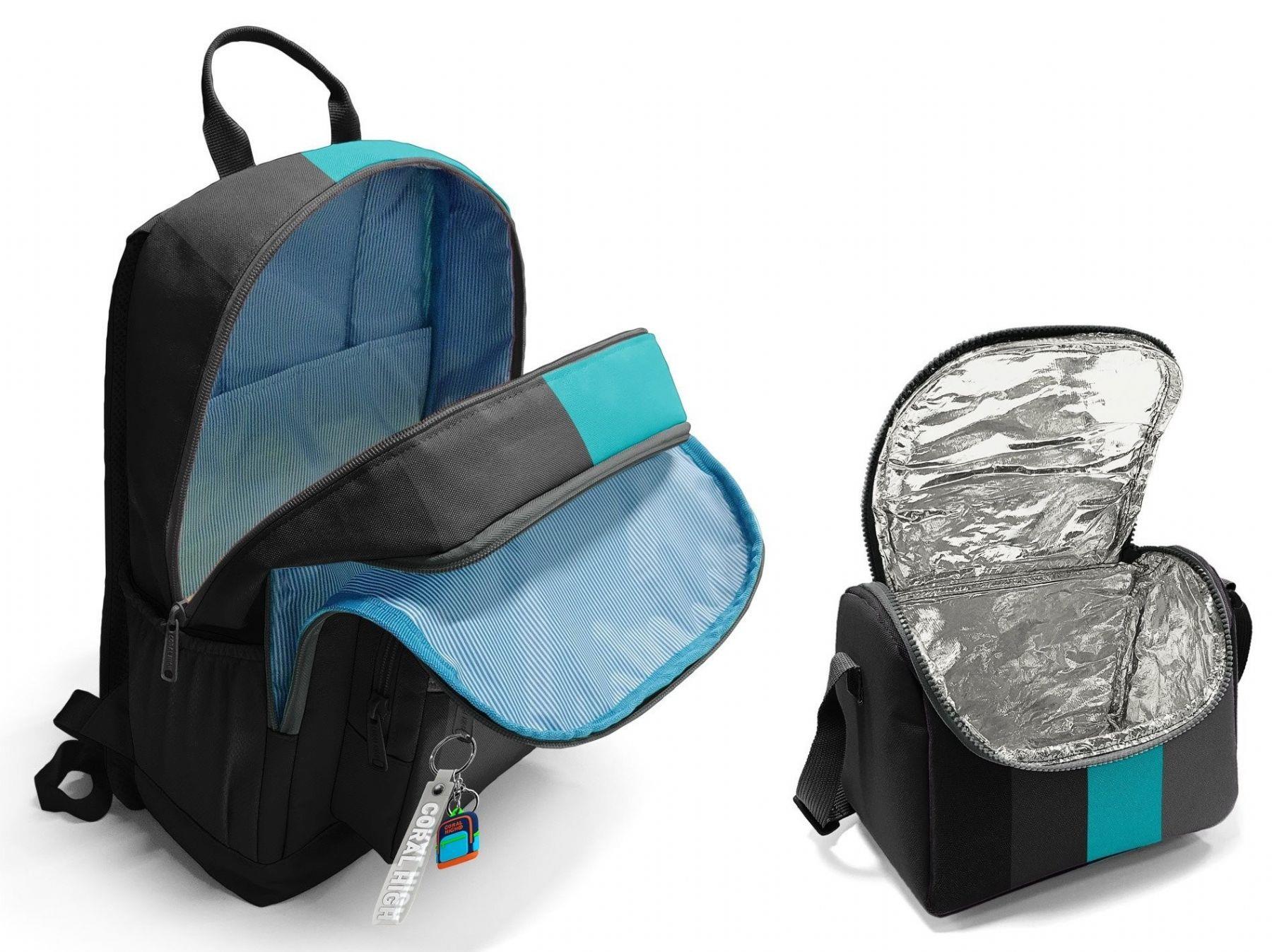 Coral High İlkokul ve Ortaokul Sırt Çantası ve Beslenme Seti - Erkek Çocuklar İçin Siyah Turkuaz Çizgili