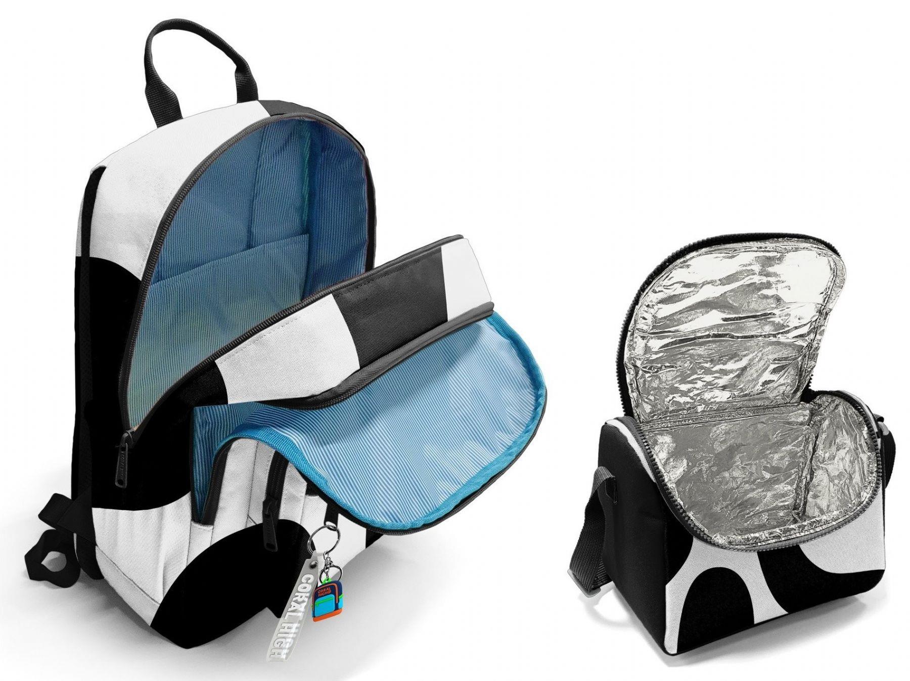 Coral High İlkokul ve Ortaokul Sırt Çantası ve Beslenme Seti - Erkek Çocuklar İçin Renkli Çizgili Siyah Beyaz