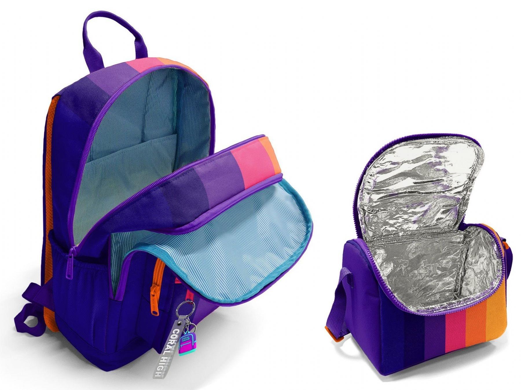 Coral High İlkokul ve Ortaokul Sırt Çantası ve Beslenme Seti - Kız Çocuklar İçin Mor Turuncu Renkli Çizgili
