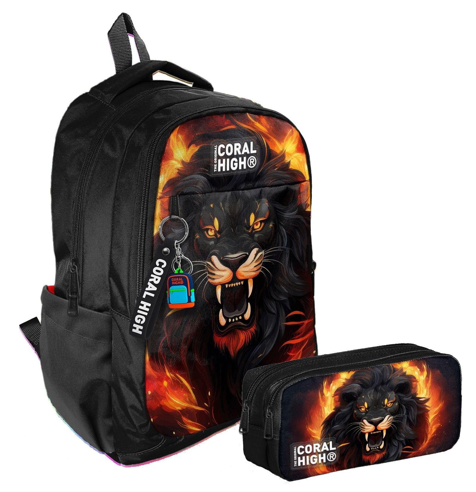 Coral High İlkokul/Ortaokul Sırt Çantası ve İki Bölmeli Kalemlik Seti - Erkek Çocuk - Siyah Kükreyen Aslan