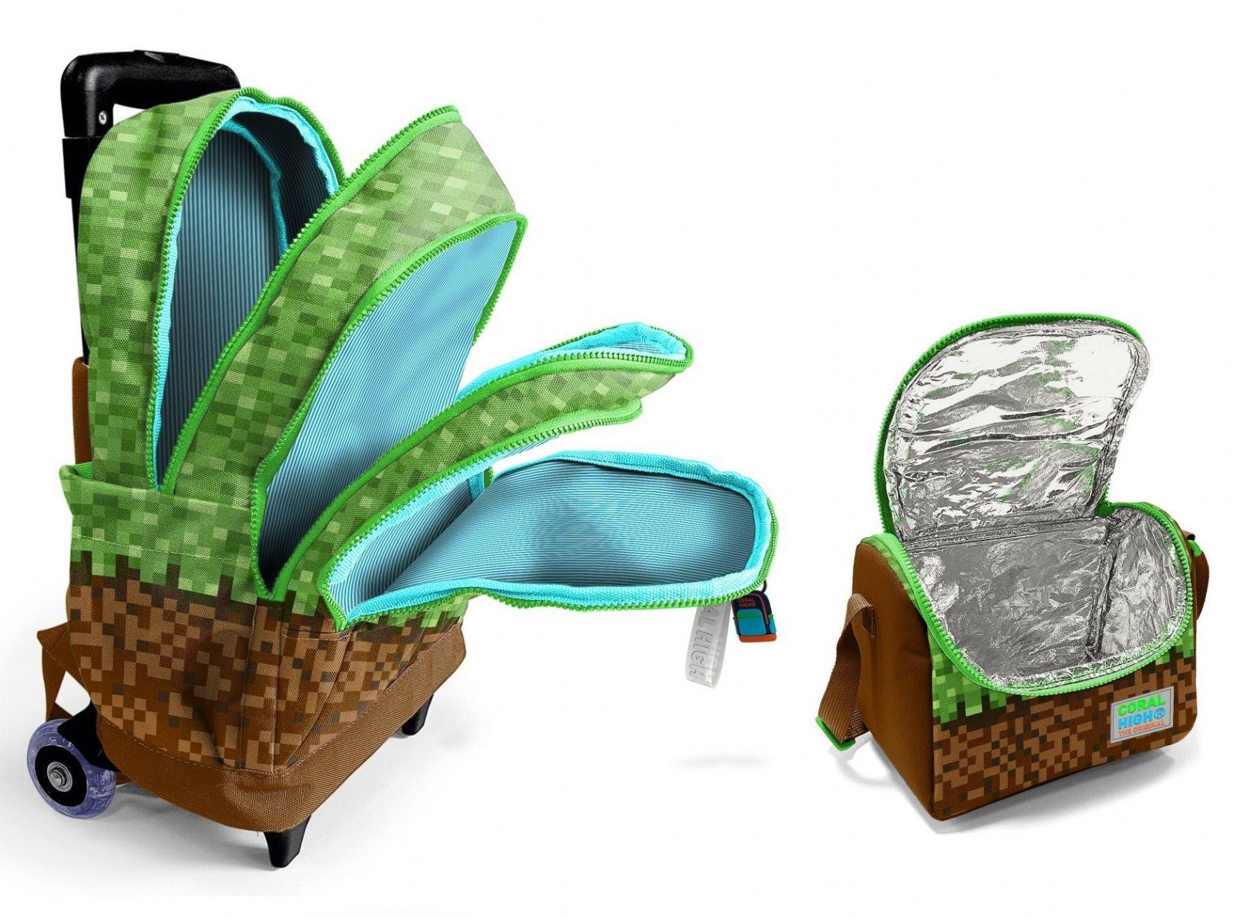 Coral High Işıklı Tekerlekli Çekçek Okul Çanta + Isı Yalıtımlı Beslenme Çantası - Erkek Çocuk - Yeşil Kahverengi Craft