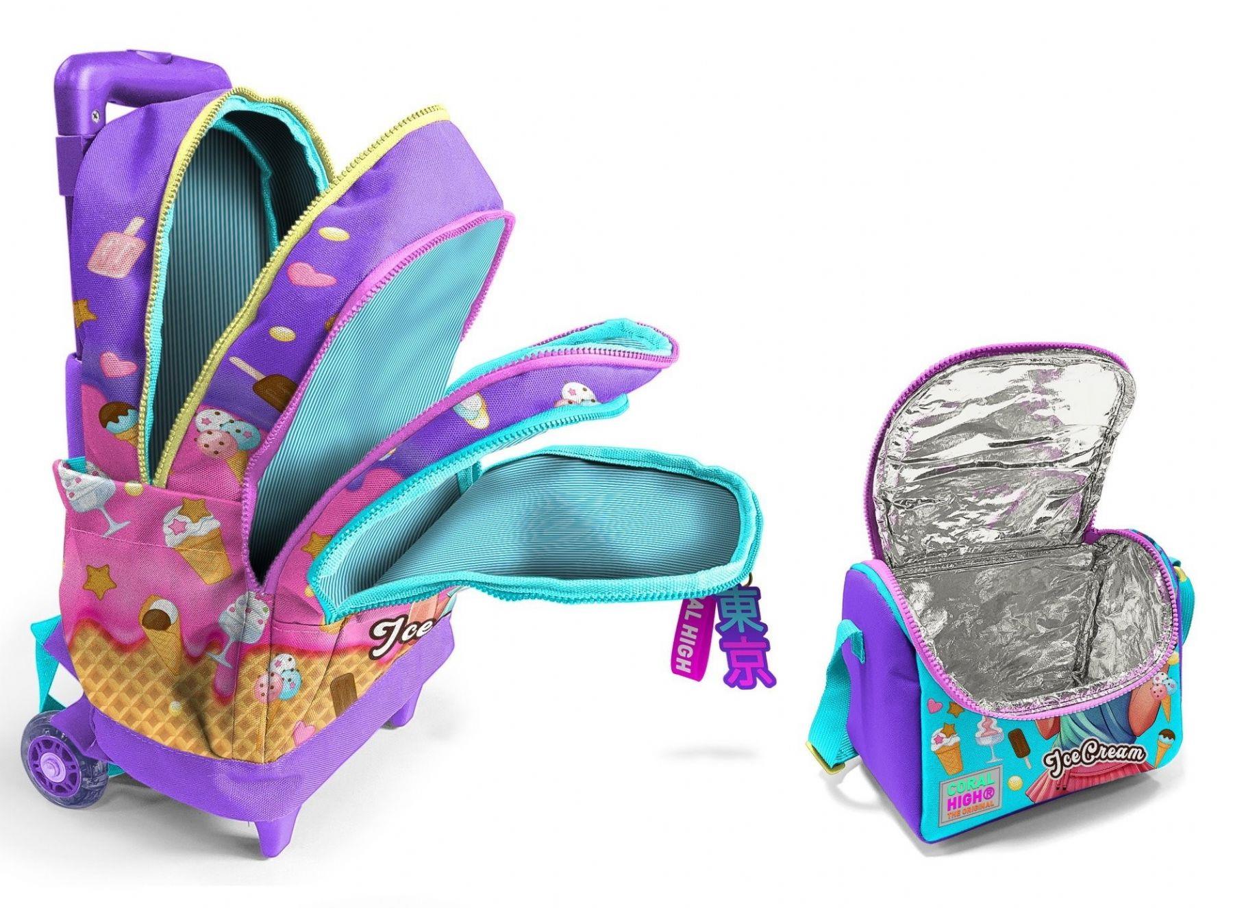 Coral High Işıklı Tekerlekli Çekçek Okul Çanta + Isı Yalıtımlı Beslenme Çantası - Kız Çocuk - Lila Turkuaz Dondurmalı Kız
