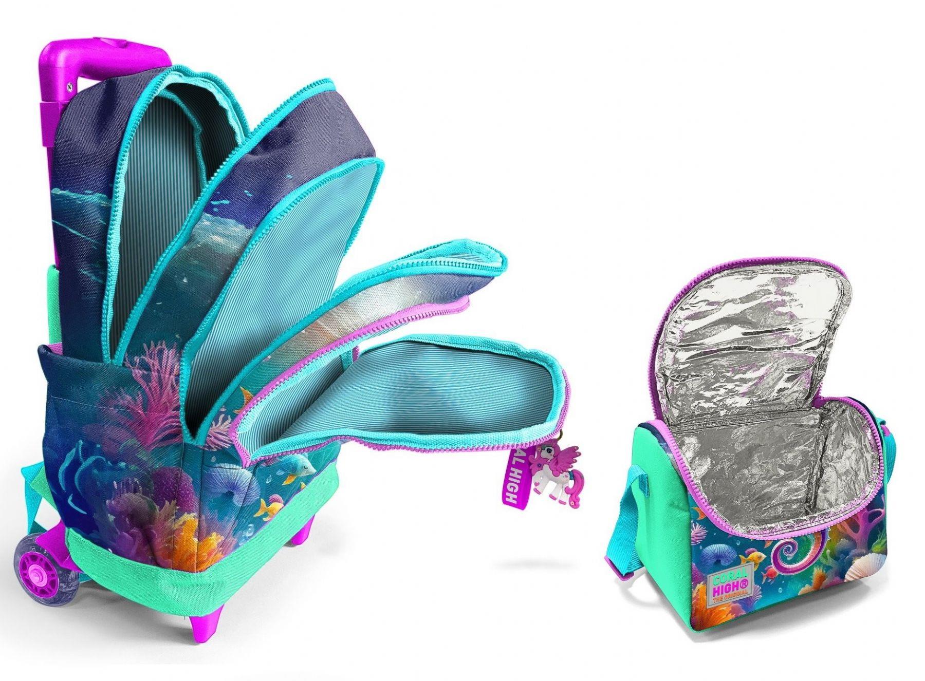 Coral High Işıklı Tekerlekli Çekçek Okul Çanta + Isı Yalıtımlı Beslenme Çantası - Kız Çocuk - Su Yeşili Denizatı