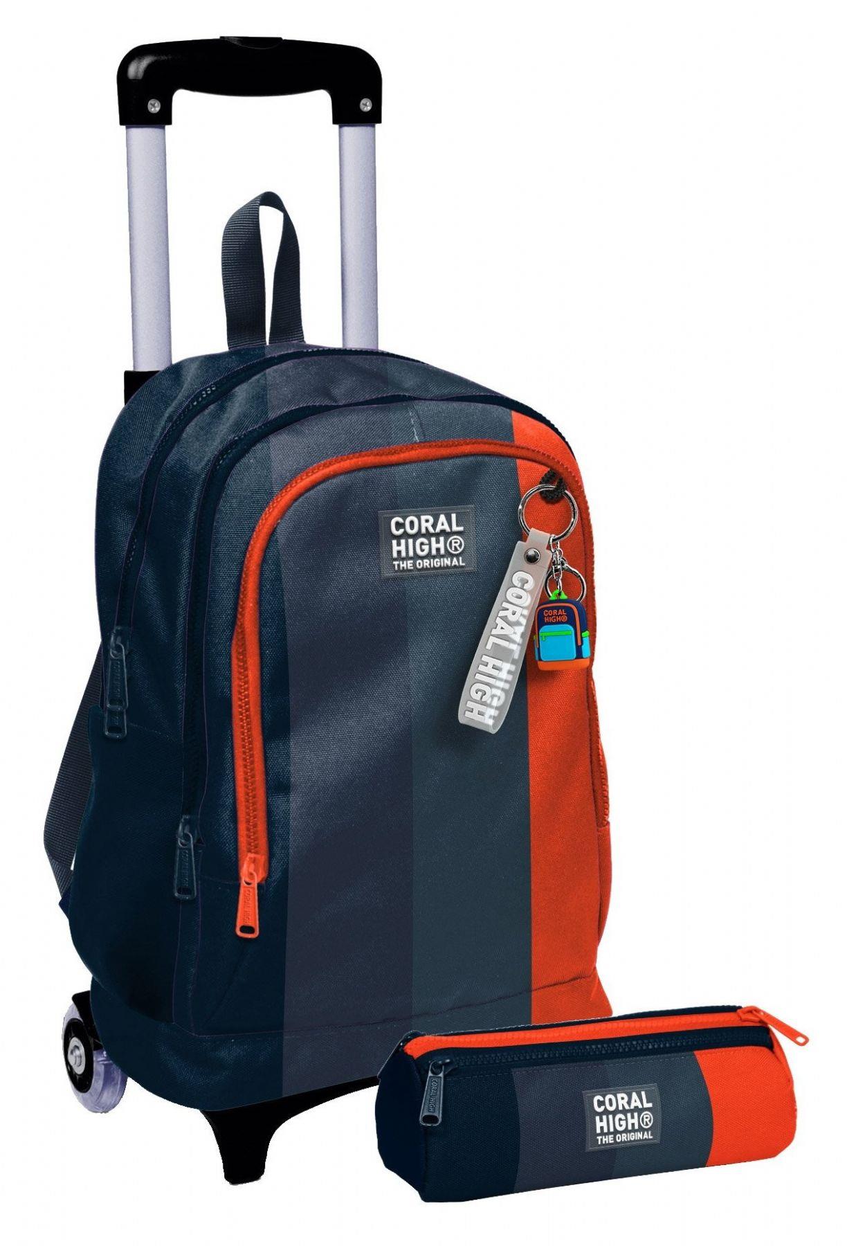 Coral High Işıklı Tekerlekli Erkek Çocuk, Siyah Turuncu Renkli Çizgili Baskılı, İlkokul Çekçek Çanta ve Kalemlik Seti