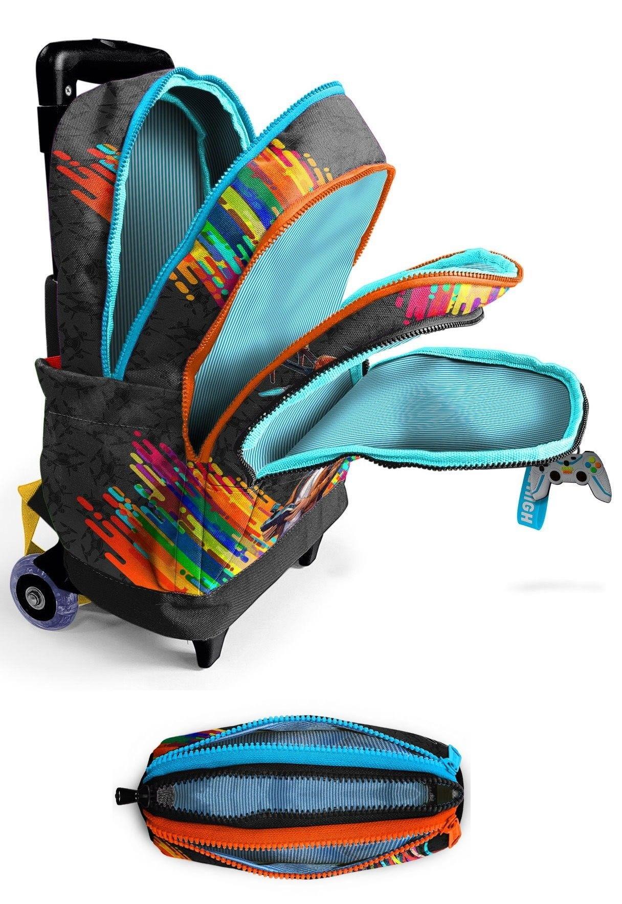 Coral High Işıklı Tekerlekli Erkek Çocuk, Siyah Drone Pilotu Baskılı, İlkokul Çekçek Çanta ve Kalemlik Seti