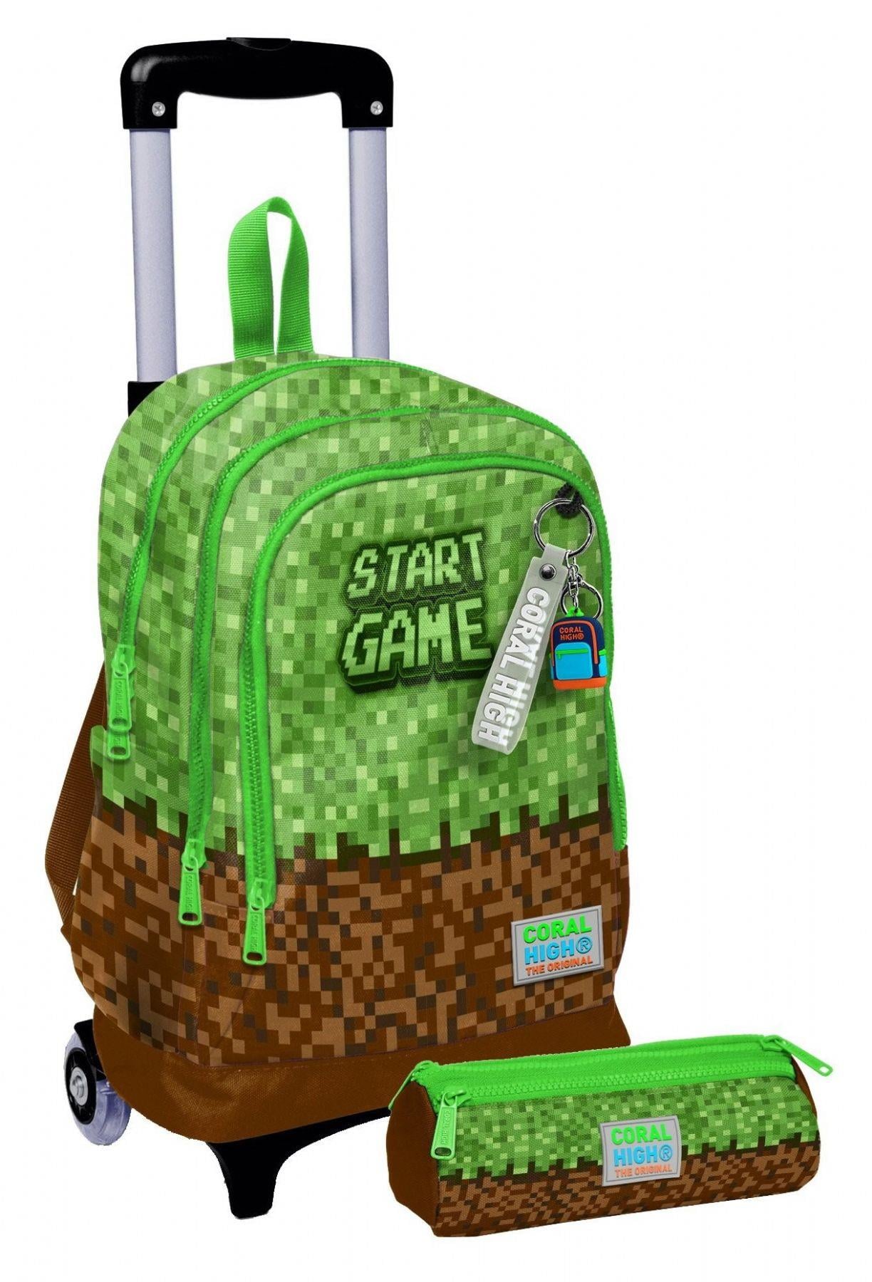 Coral High Işıklı Tekerlekli Erkek Çocuk, Yeşil Kahverengi Craft Baskılı, İlkokul Çekçek Çanta ve Kalemlik Seti