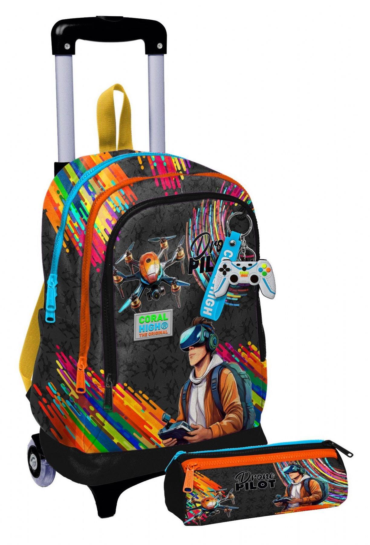 Coral High Işıklı Tekerlekli Erkek Çocuk, Siyah Drone Pilotu Baskılı, İlkokul Çekçek Çanta ve Kalemlik Seti