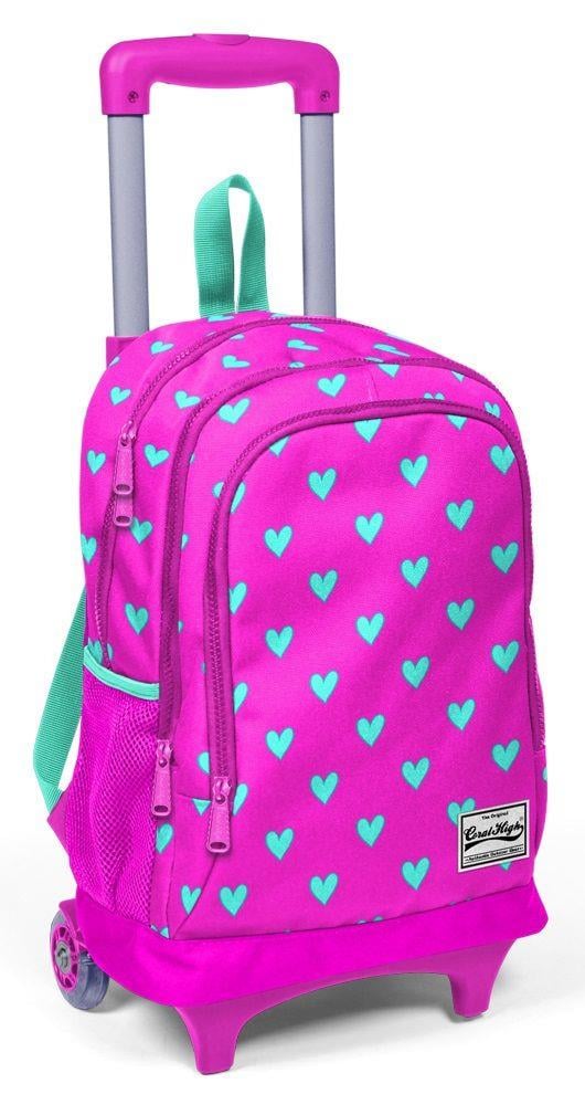 Coral High Işıklı Tekerlekli İlkokul Çantası - Pembe Yeşil Kalpler - Kız Çocuk