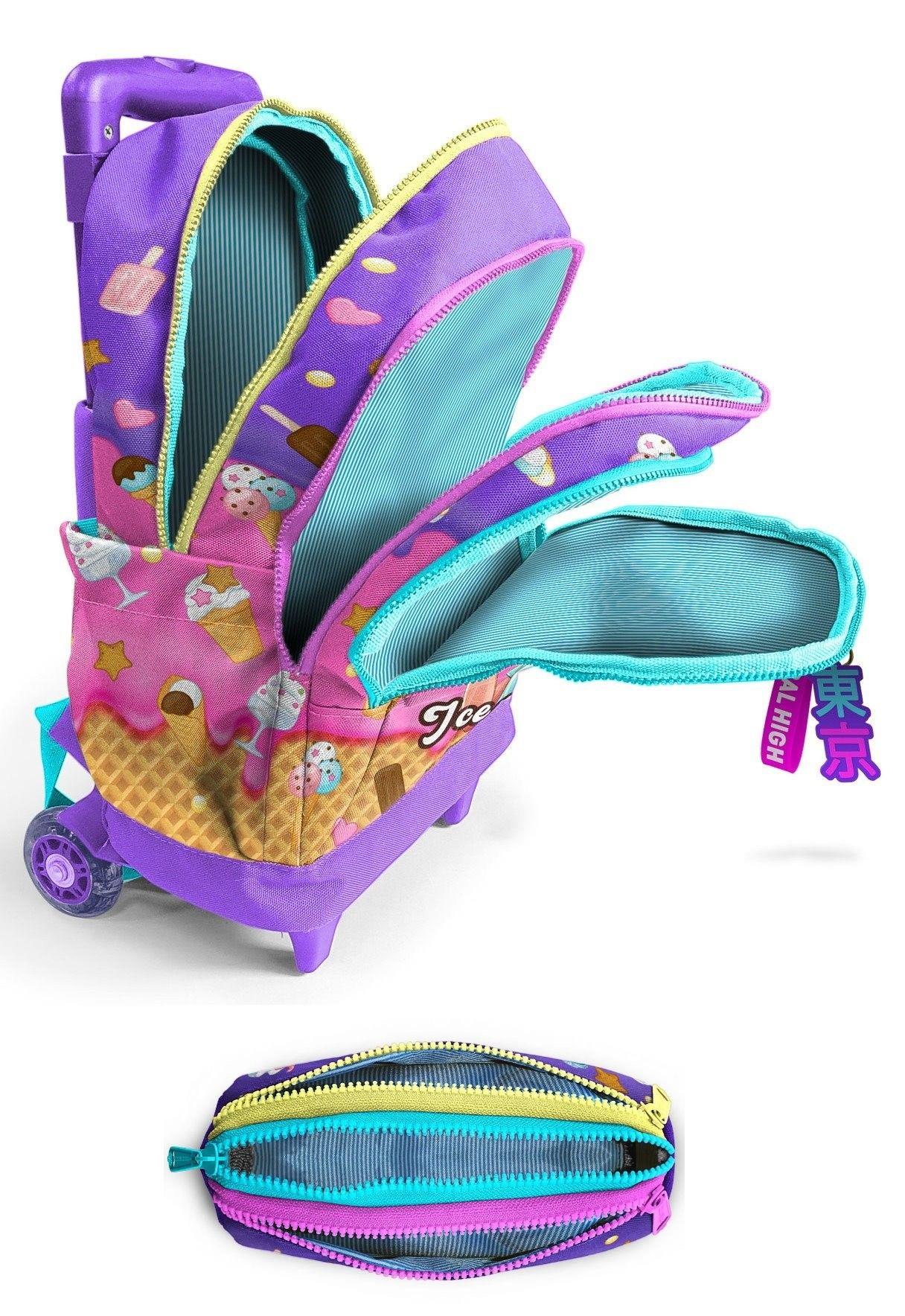 Coral High Işıklı Tekerlekli Kız Çocuk, Lila Turkuaz Dondurmalı Kız Baskılı, İlkokul Çekçek Çanta ve Kalemlik Seti