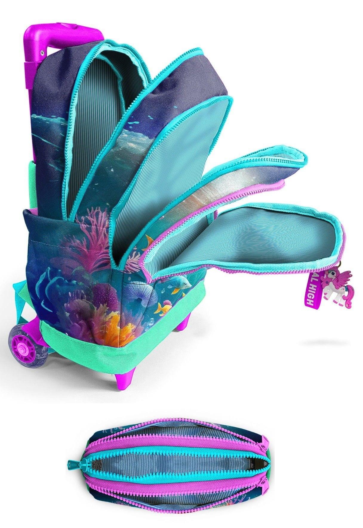 Coral High Işıklı Tekerlekli Kız Çocuk, Su Yeşili Denizatı Baskılı, İlkokul Çekçek Çanta ve Kalemlik Seti