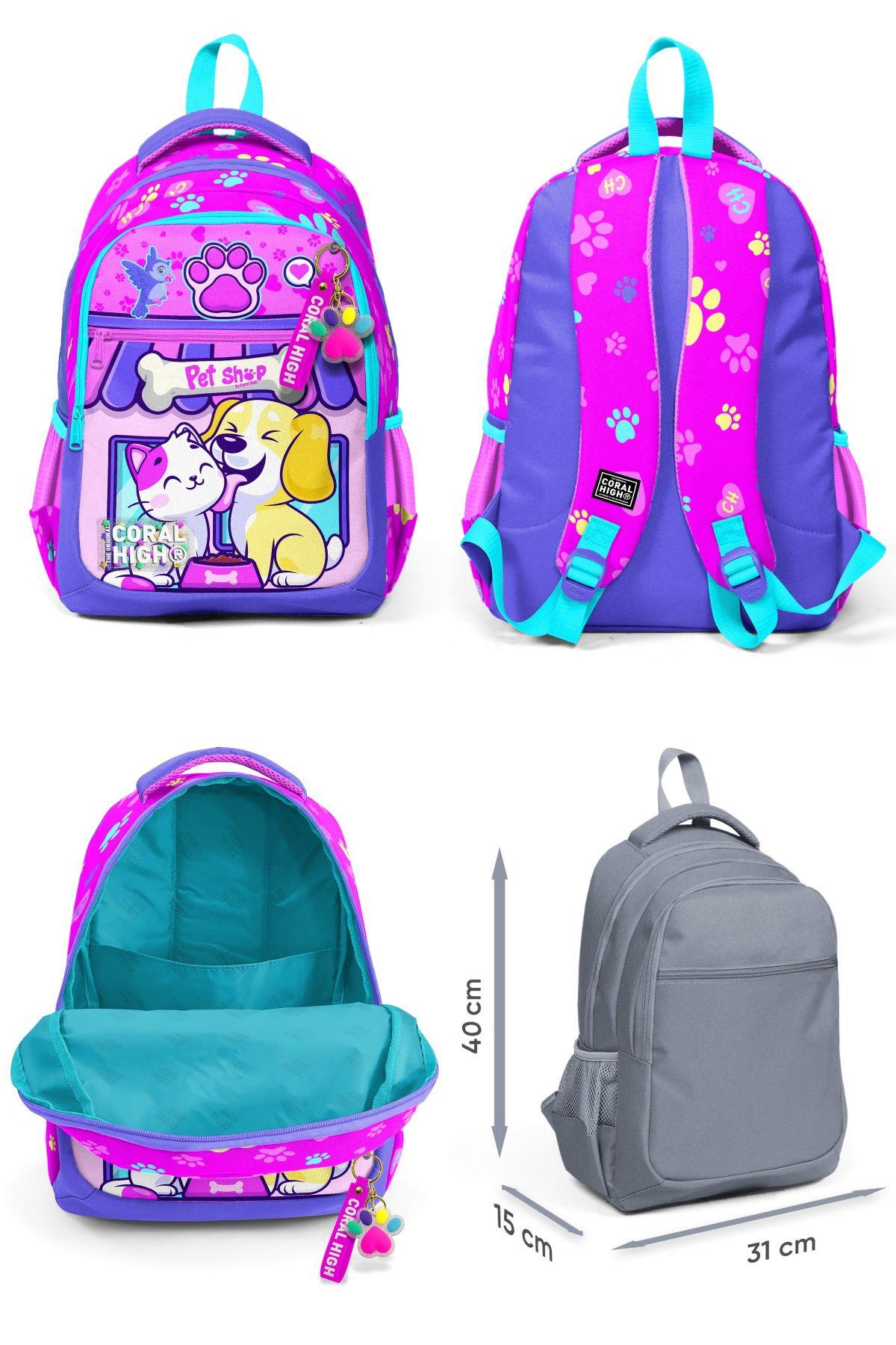 Coral High Kedi Köpek Desenli Kız Çocuk Beşli Okul Çanta Seti - İlkokul İçin Uygun