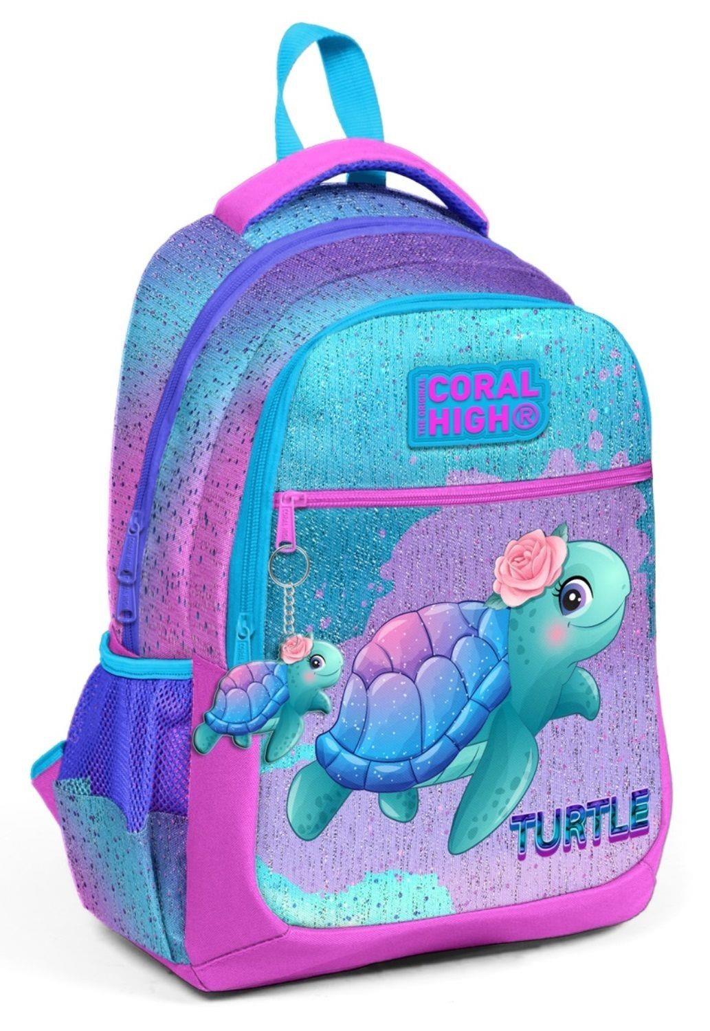 Coral High Kids Açık Pembe Mavi Kaplumbağa Desenli 3lü Okul Çanta Seti - Kız Çocuk