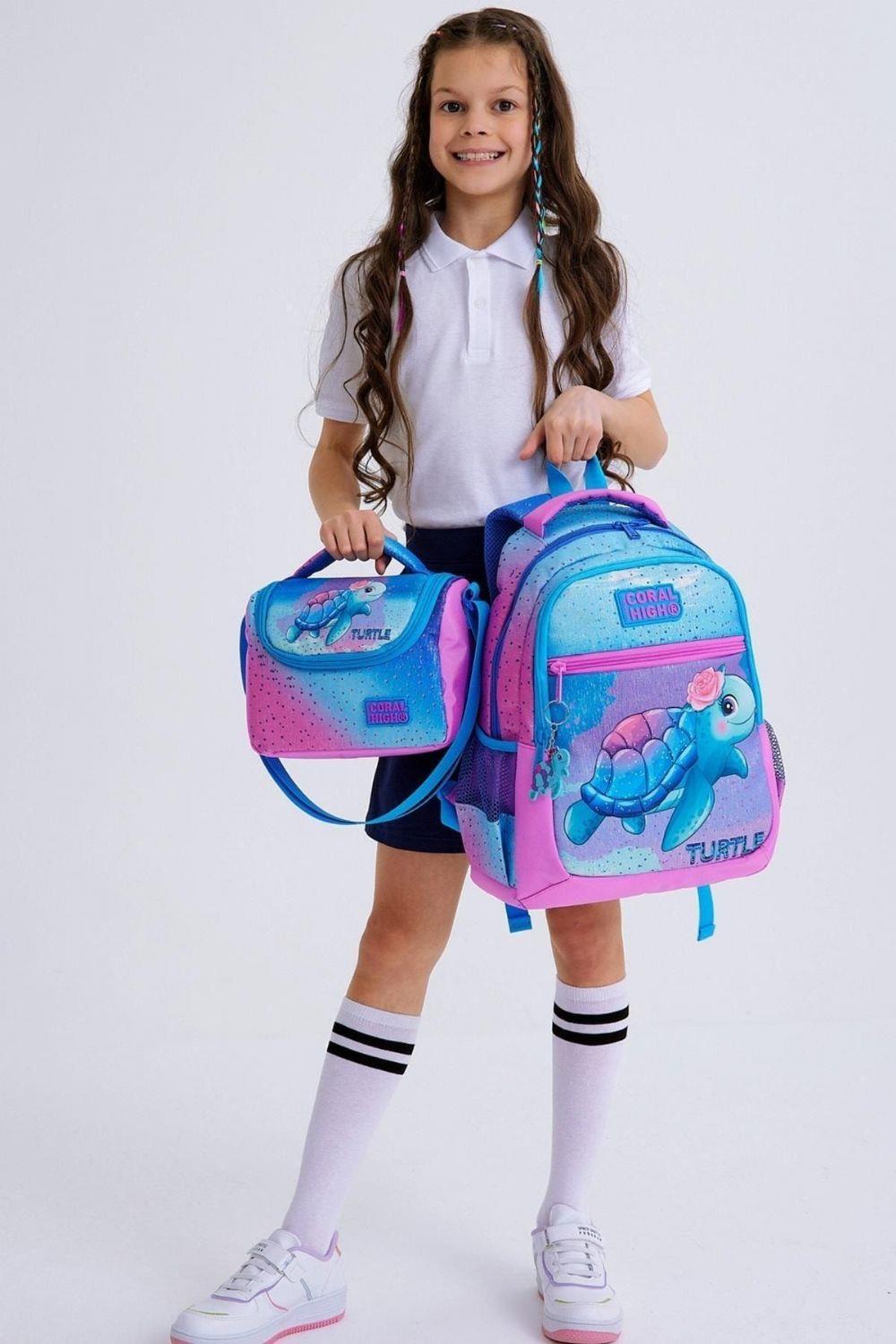 Coral High Kids Açık Pembe Mavi Kaplumbağa Desenli 3lü Okul Çanta Seti - Kız Çocuk