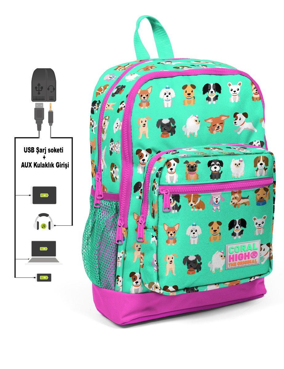 Coral High Kids Dört Gözlü Çocuk İlkokul Çantası - USB+AUX Soketli