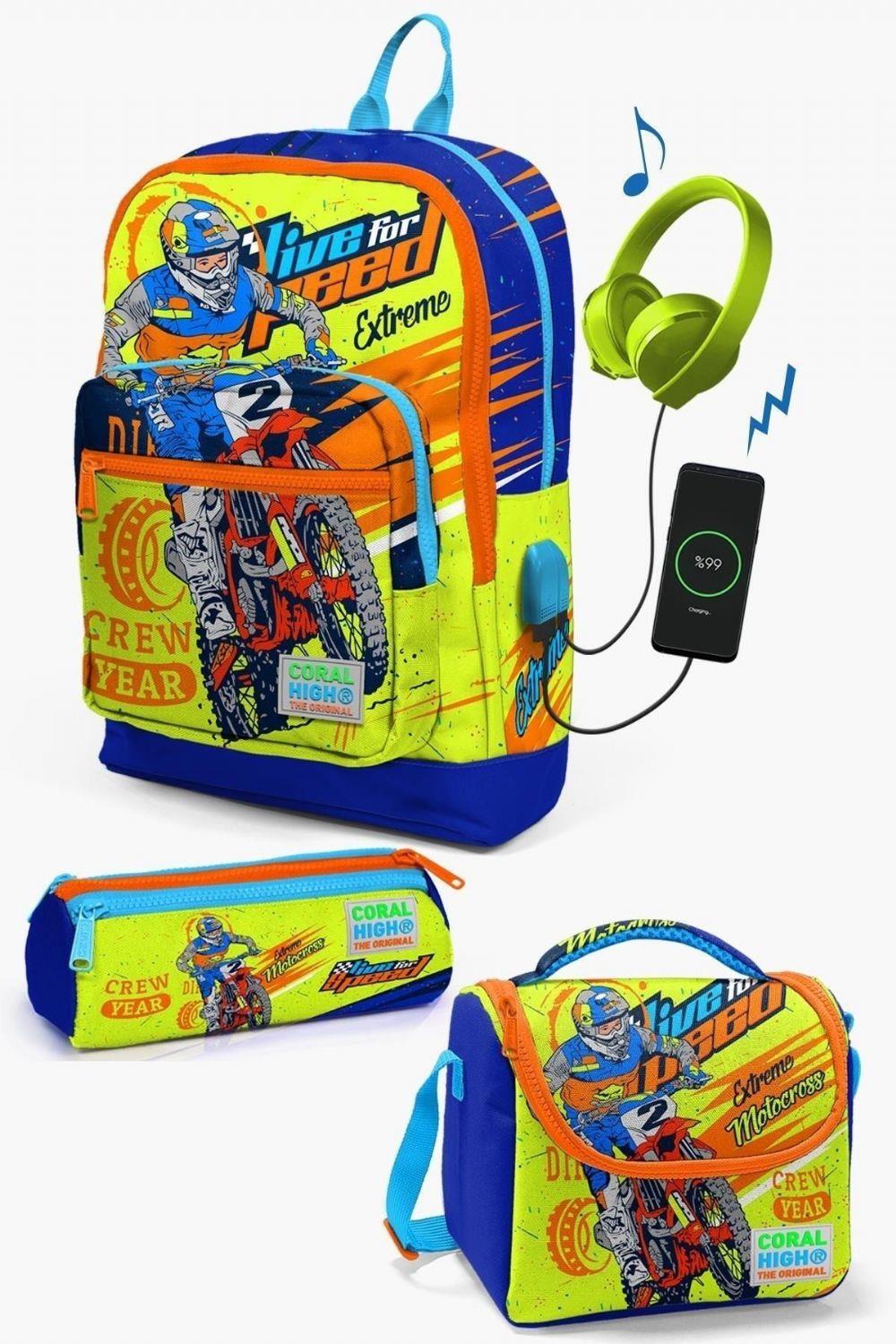 Coral High Kids Fosforlu Sarı Saks Motorsiklet Desenli USB'li 3lü Okul Çanta Seti - Erkek