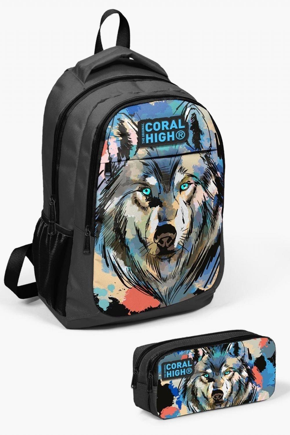 Coral High Kids Gri Siyah Kurt Desenli 2'li Okul Çanta Seti - Erkek Çocuk