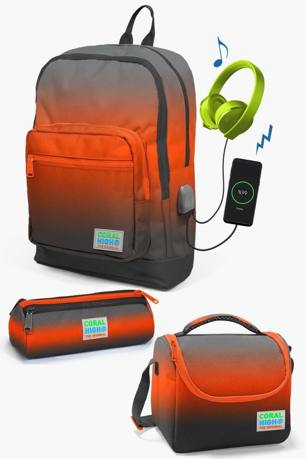 Coral High Kids Gri Turuncu Renk Geçişli USB'li 3lü Okul Çanta Seti - Erkek
