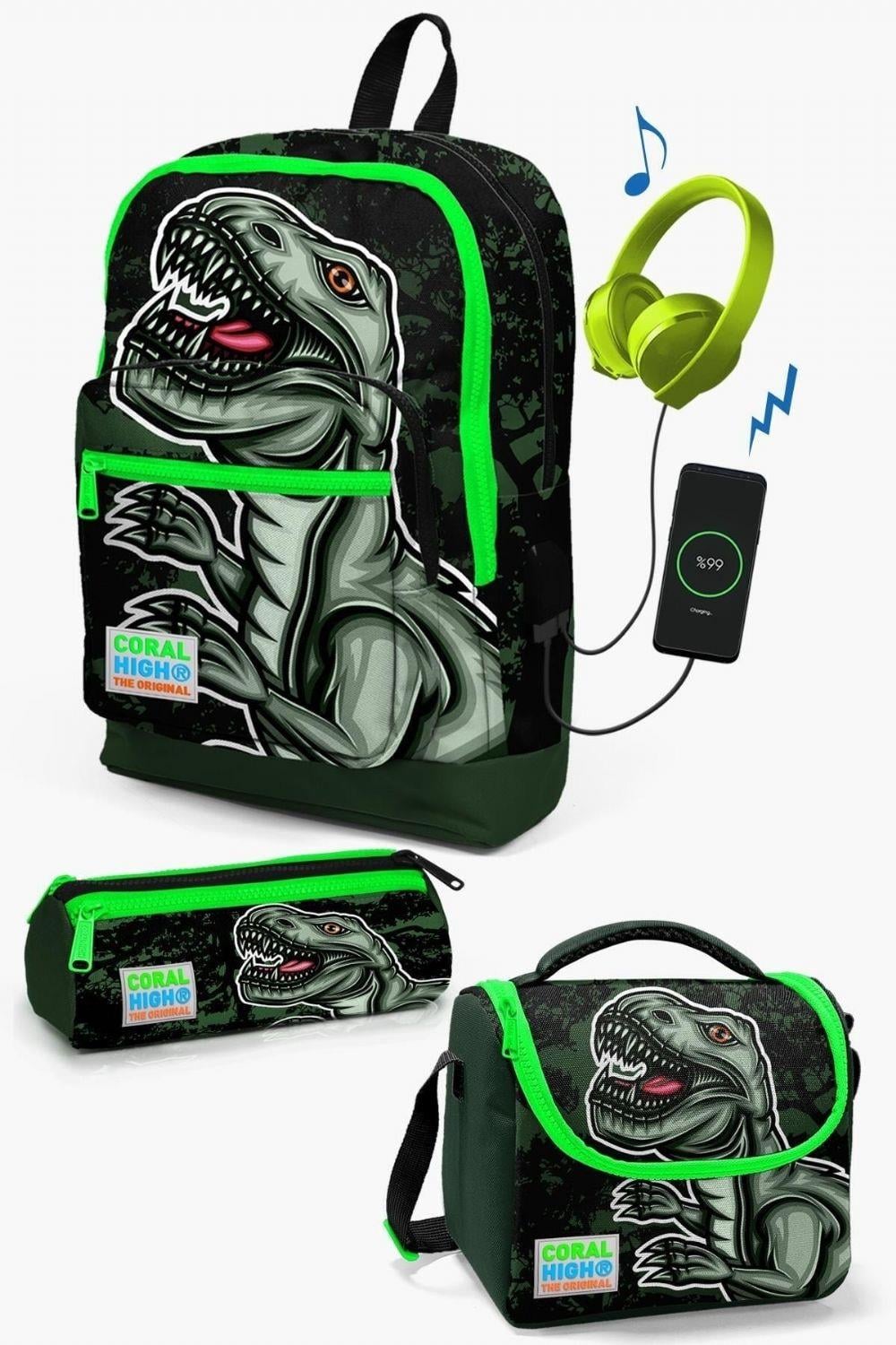Coral High Kids Koyu Yeşil Siyah Dinazor Desenli USB'li 3lü Okul Çanta Seti - Erkek