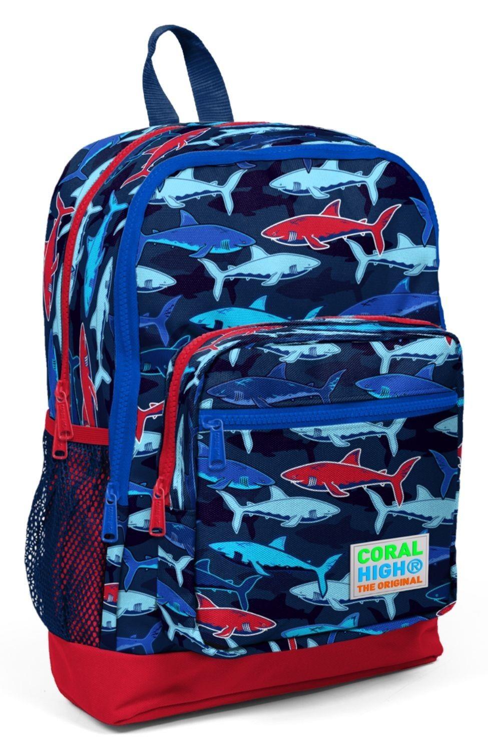 Coral High Kids Lacivert Kırmızı Köpek Balığı Desenli 3lü Okul Çanta Seti - Erkek Çocuk